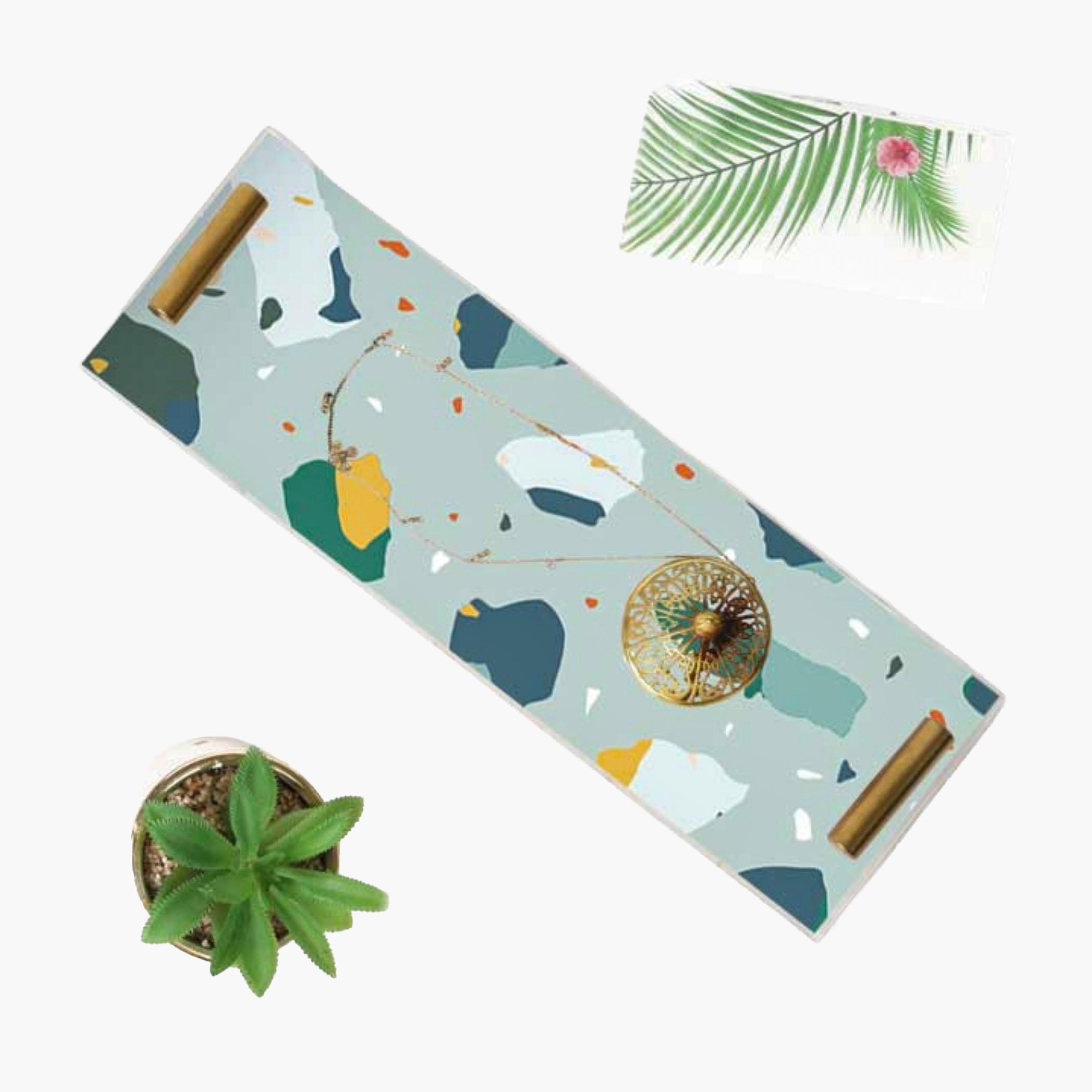 Decorative Acrylic Serving Tray with Gold Metal Handles and Marble Design 10×30 cm-household-dining-serveware-servingtrays-image-1
