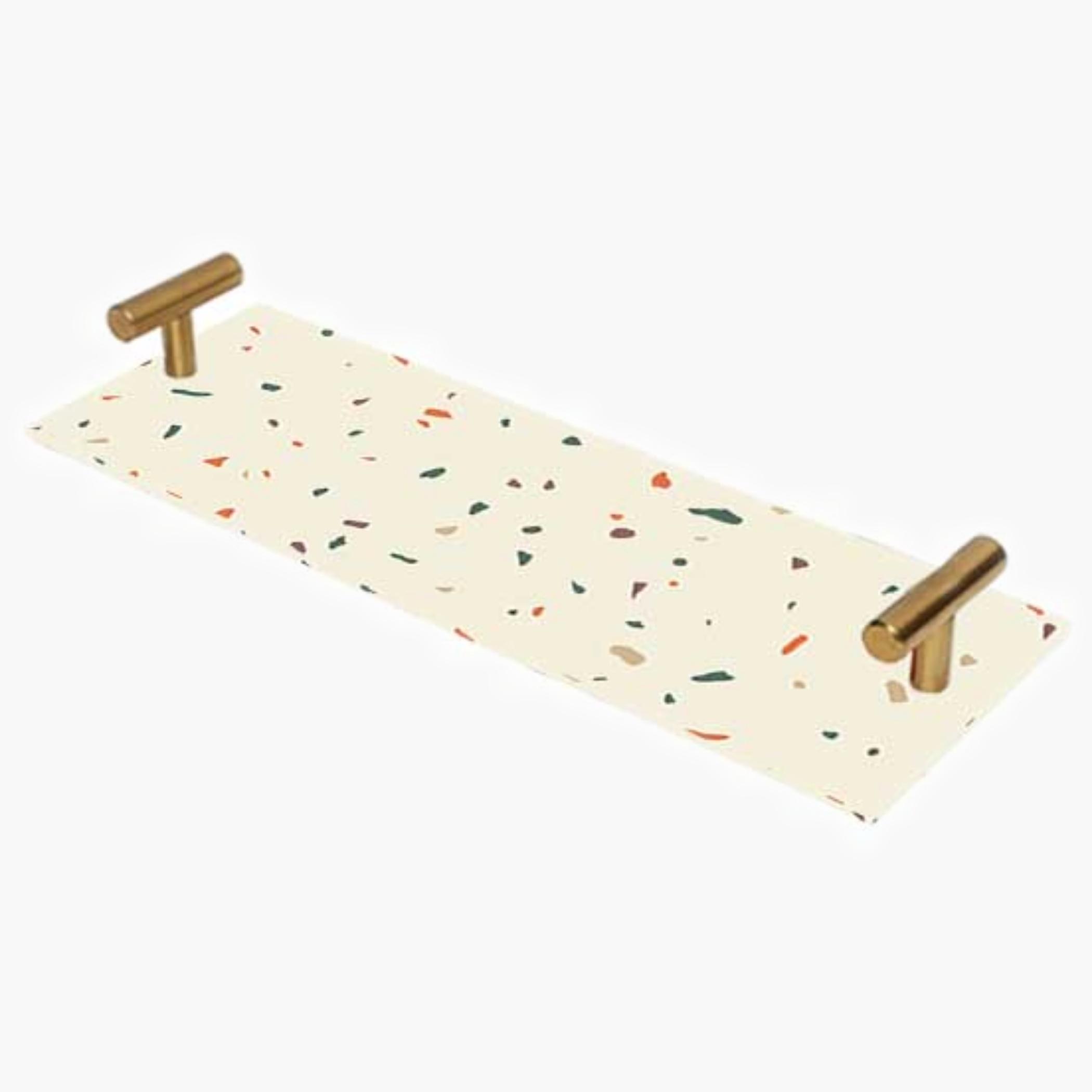 Decorative Acrylic Serving Tray with Gold Metal Handles and Marble Design 10×30 cm-household-dining-serveware-servingtrays-image-1