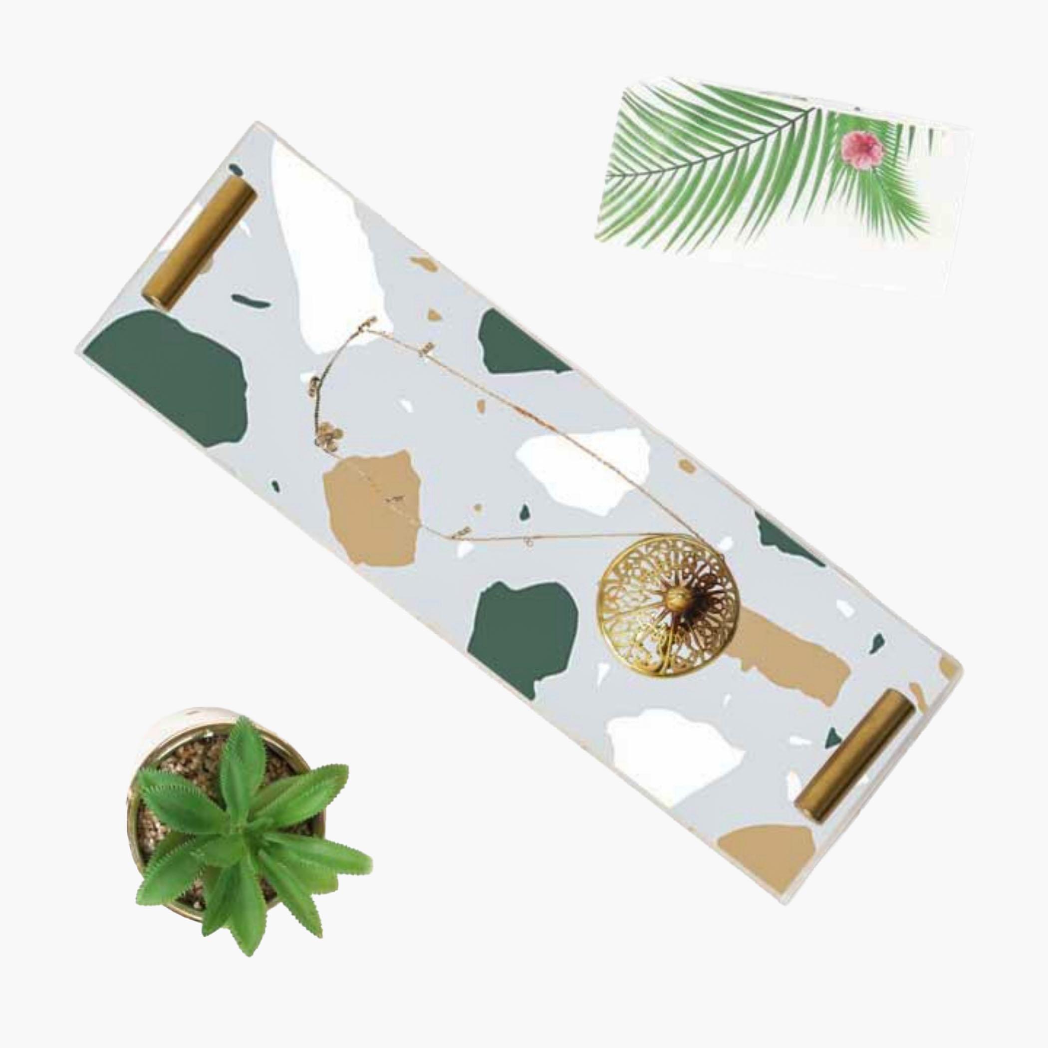 Decorative Acrylic Serving Tray with Gold Metal Handles and Marble Design 10×30 cm-household-dining-serveware-servingtrays-image-4