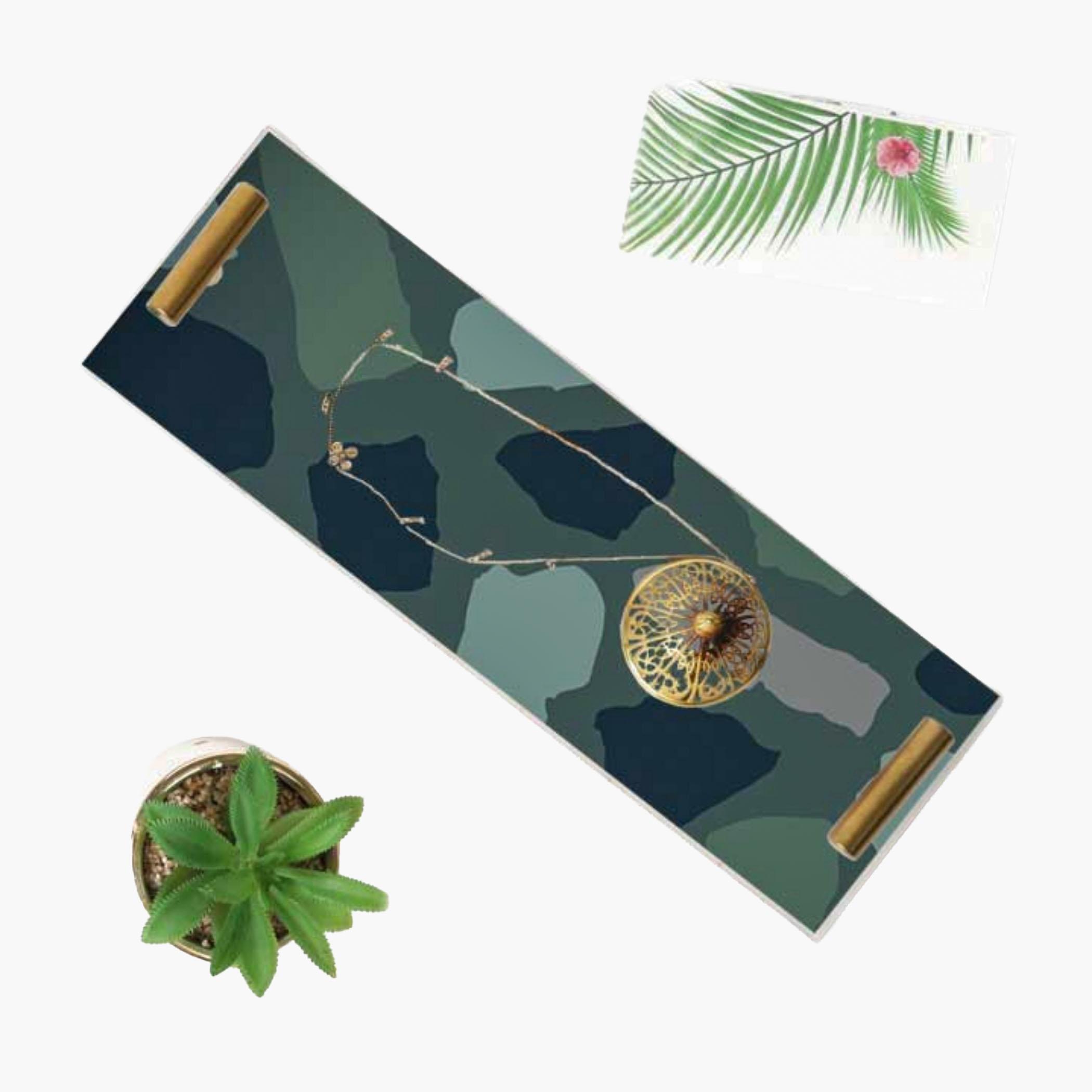 Decorative Acrylic Serving Tray with Gold Metal Handles and Marble Design 10×30 cm-household-dining-serveware-servingtrays-image-1
