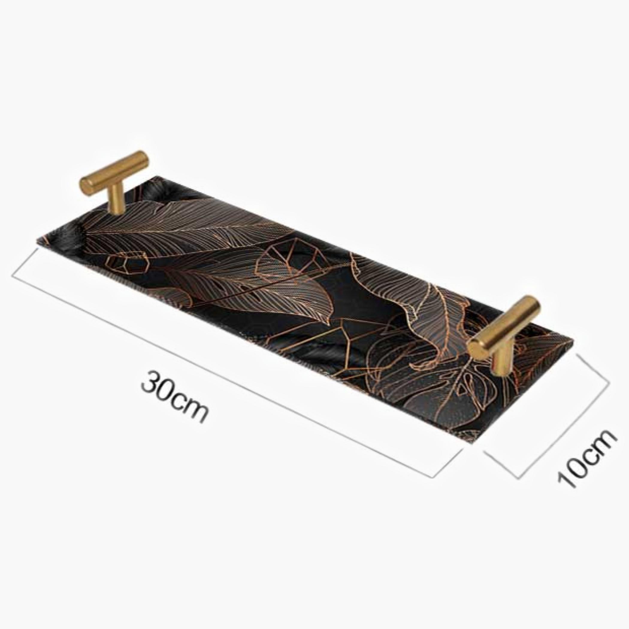 Decorative Acrylic Serving Tray with Gold Metal Handles and Marble Design 10×30 cm-household-dining-serveware-servingtrays-image-1