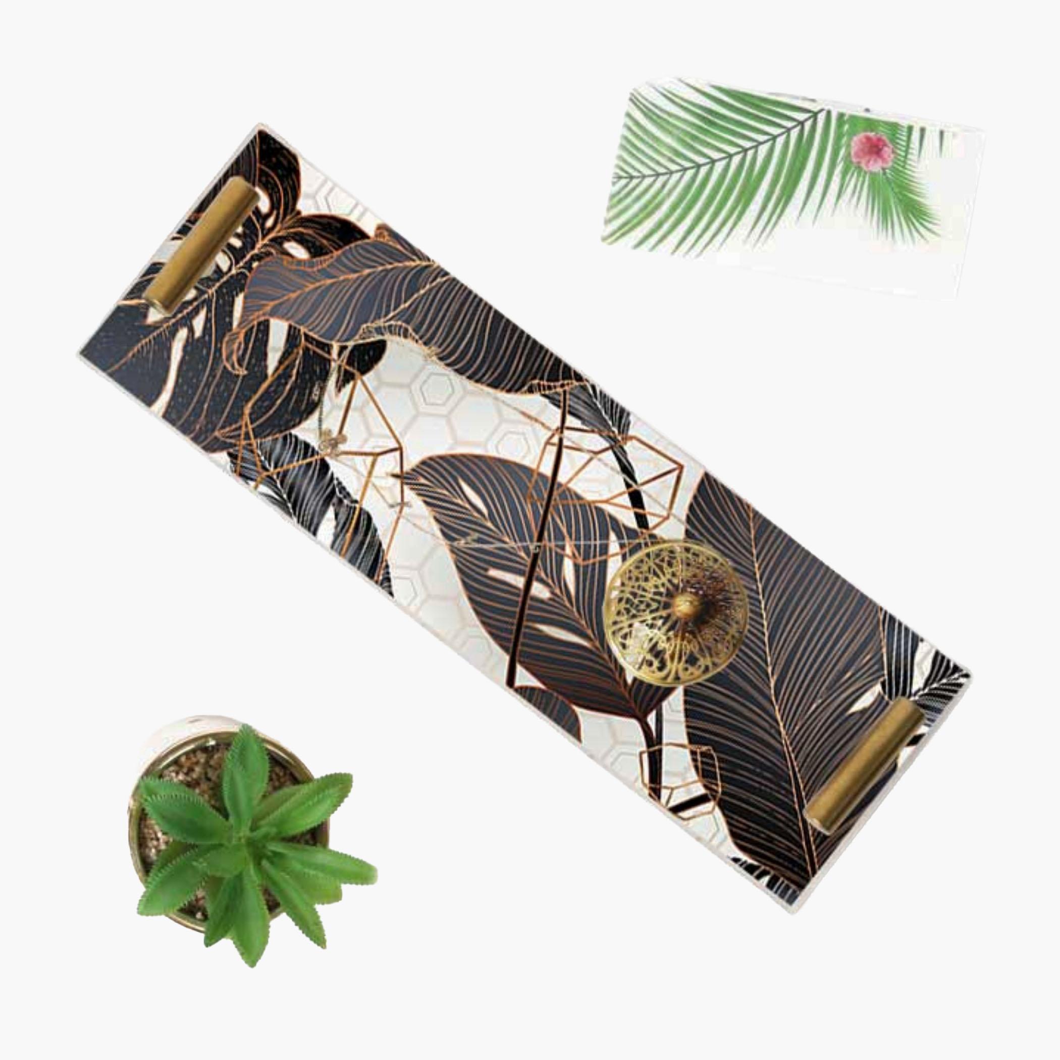 Decorative Acrylic Serving Tray with Gold Metal Handles and Marble Design 10×30 cm-household-dining-serveware-servingtrays-image-3