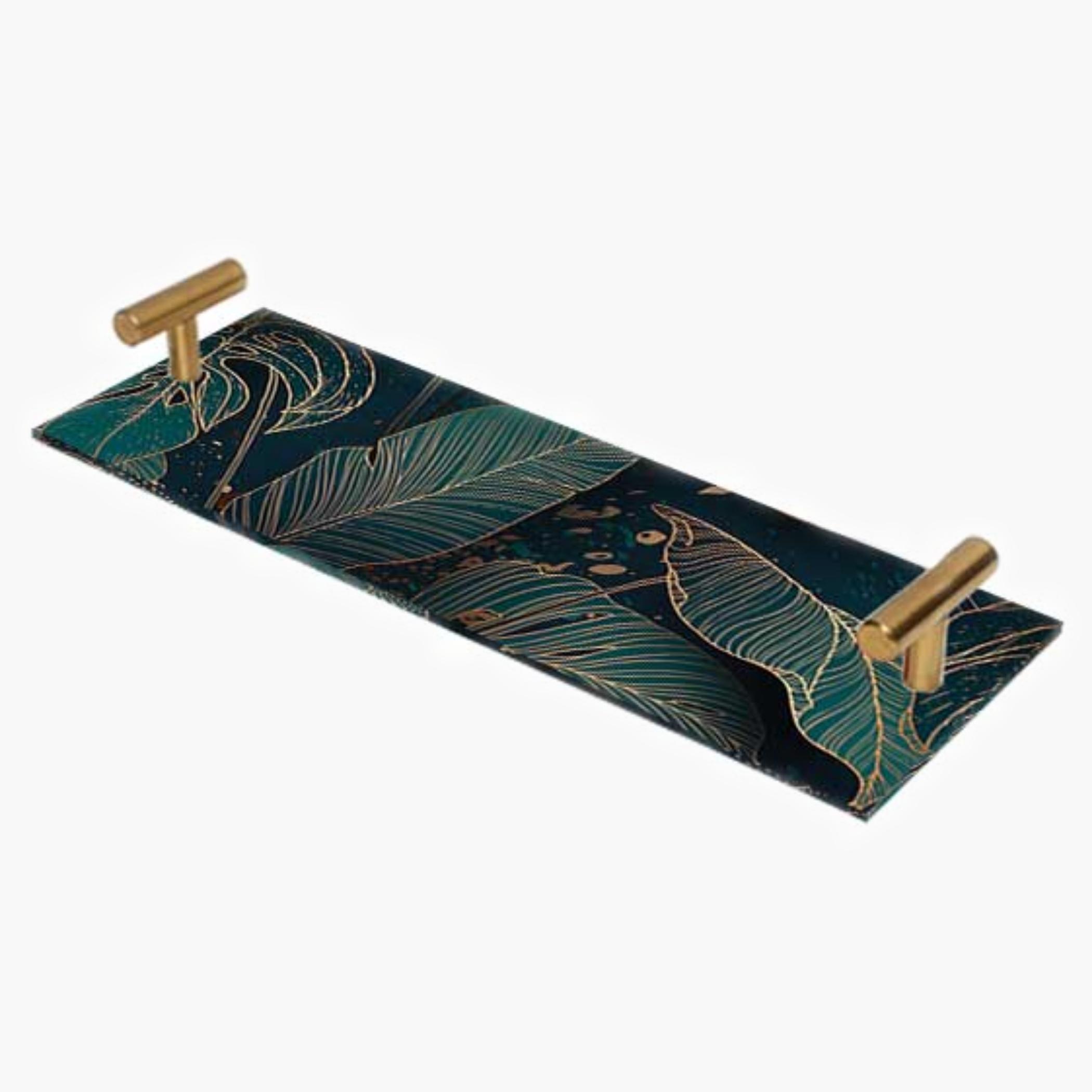 Decorative Acrylic Serving Tray with Gold Metal Handles and Marble Design 10×30 cm-household-dining-serveware-servingtrays-image-1