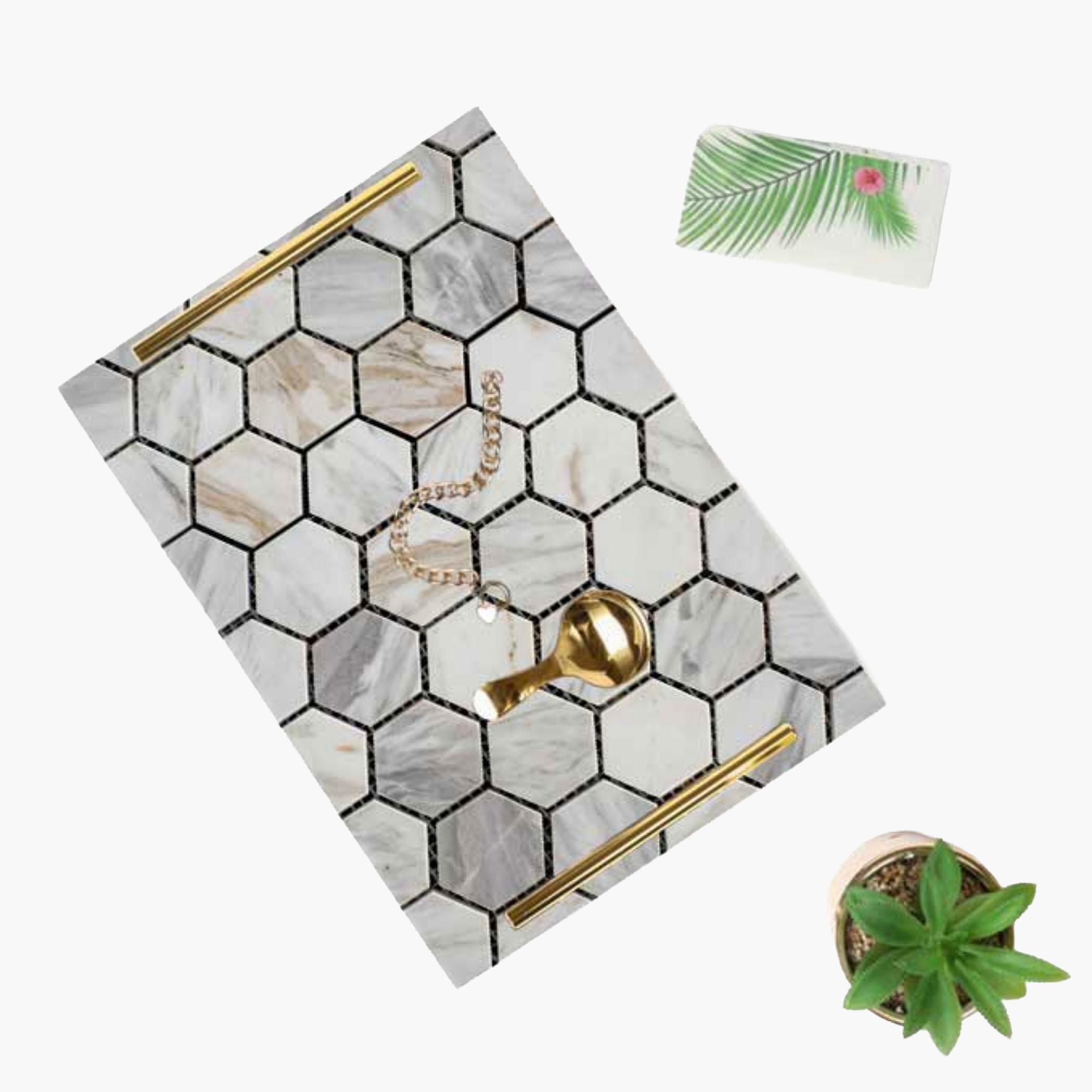 Decorative Acrylic Serving Tray with Gold Metal Handles and Marble Design 24×34 cm-household-dining-serveware-servingtrays-image-2