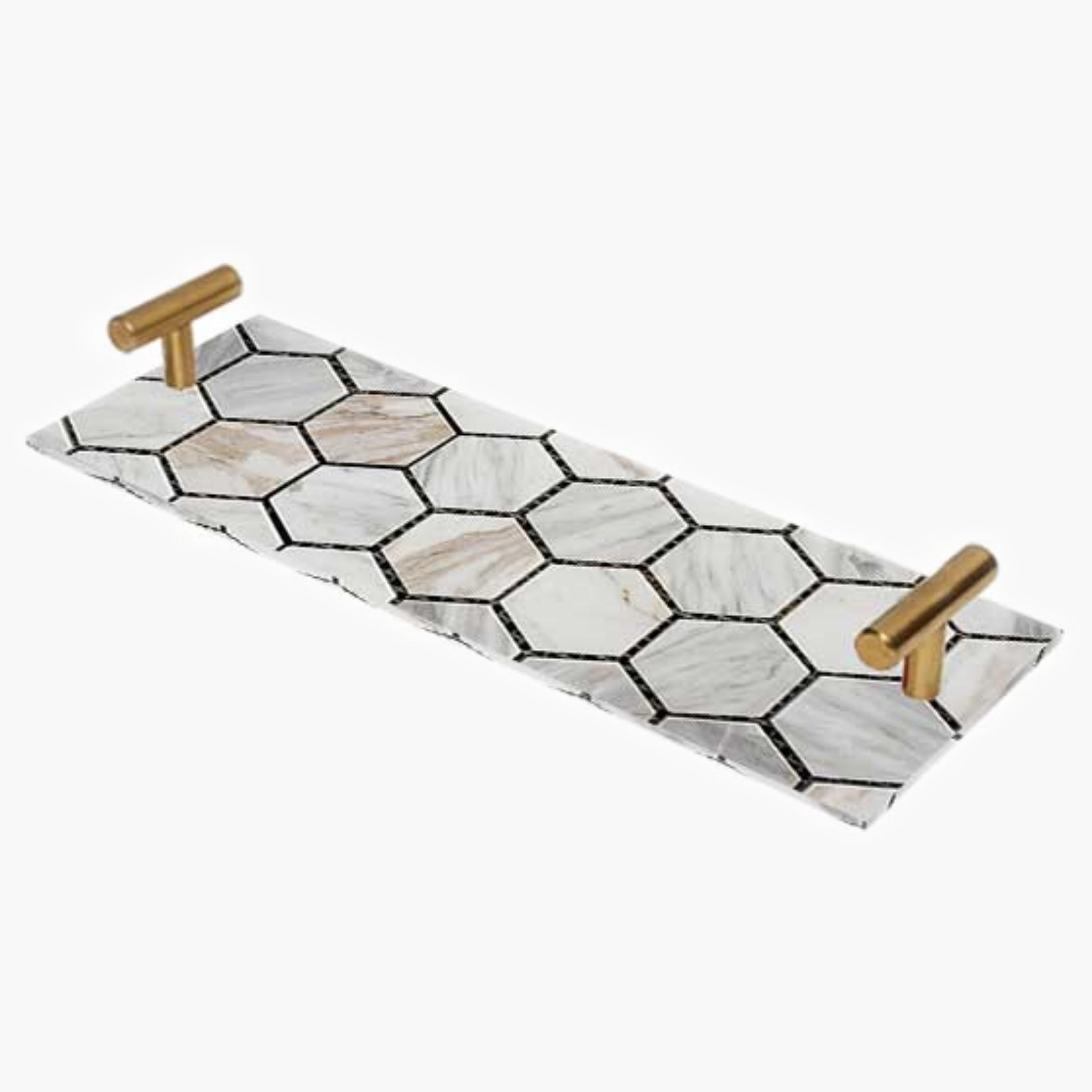 Decorative Acrylic Serving Tray with Gold Metal Handles and Marble Design 10×30 cm-household-dining-serveware-servingtrays-image-1