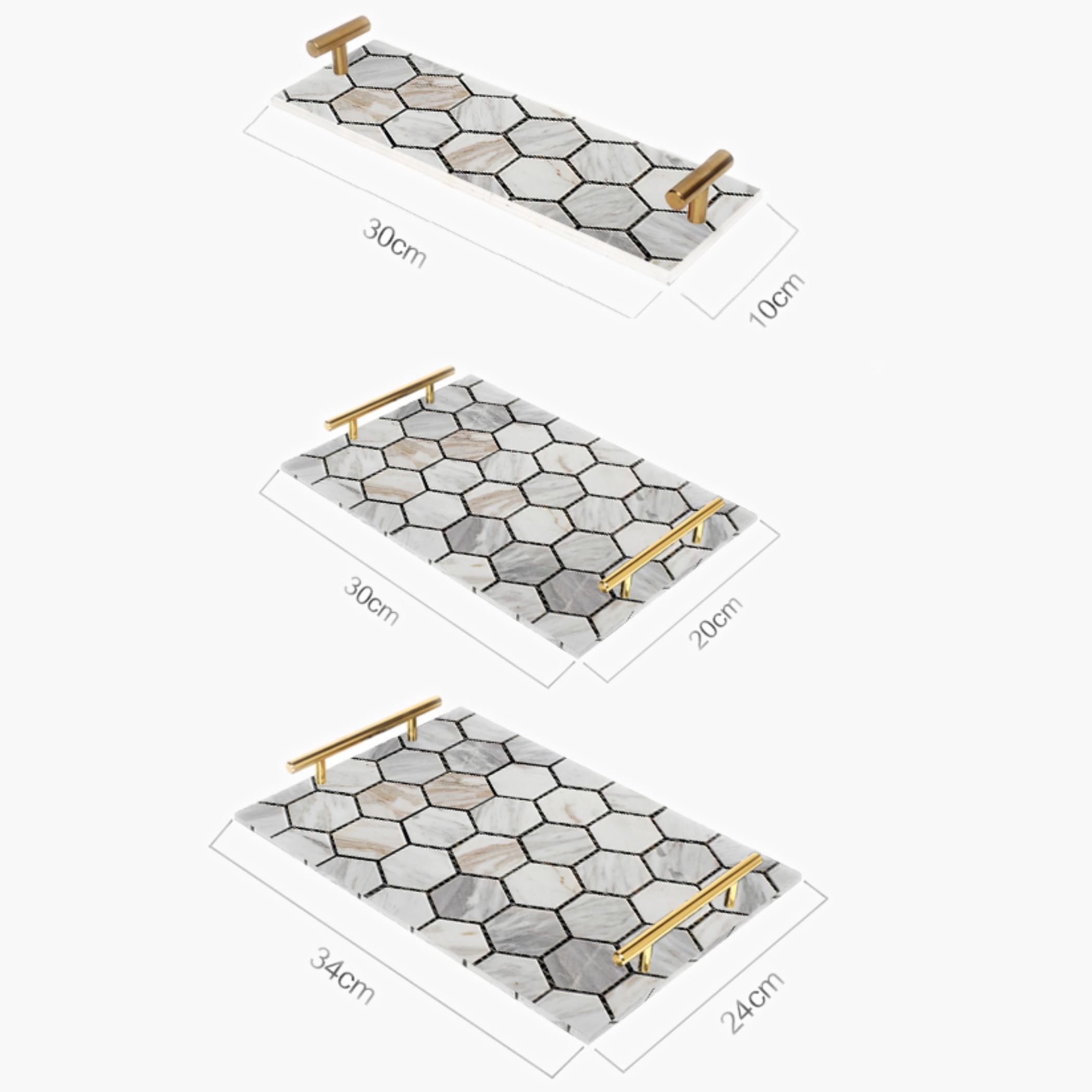 Decorative Acrylic Serving Tray with Gold Metal Handles and Marble Design 10×30 cm-household-dining-serveware-servingtrays-image-2
