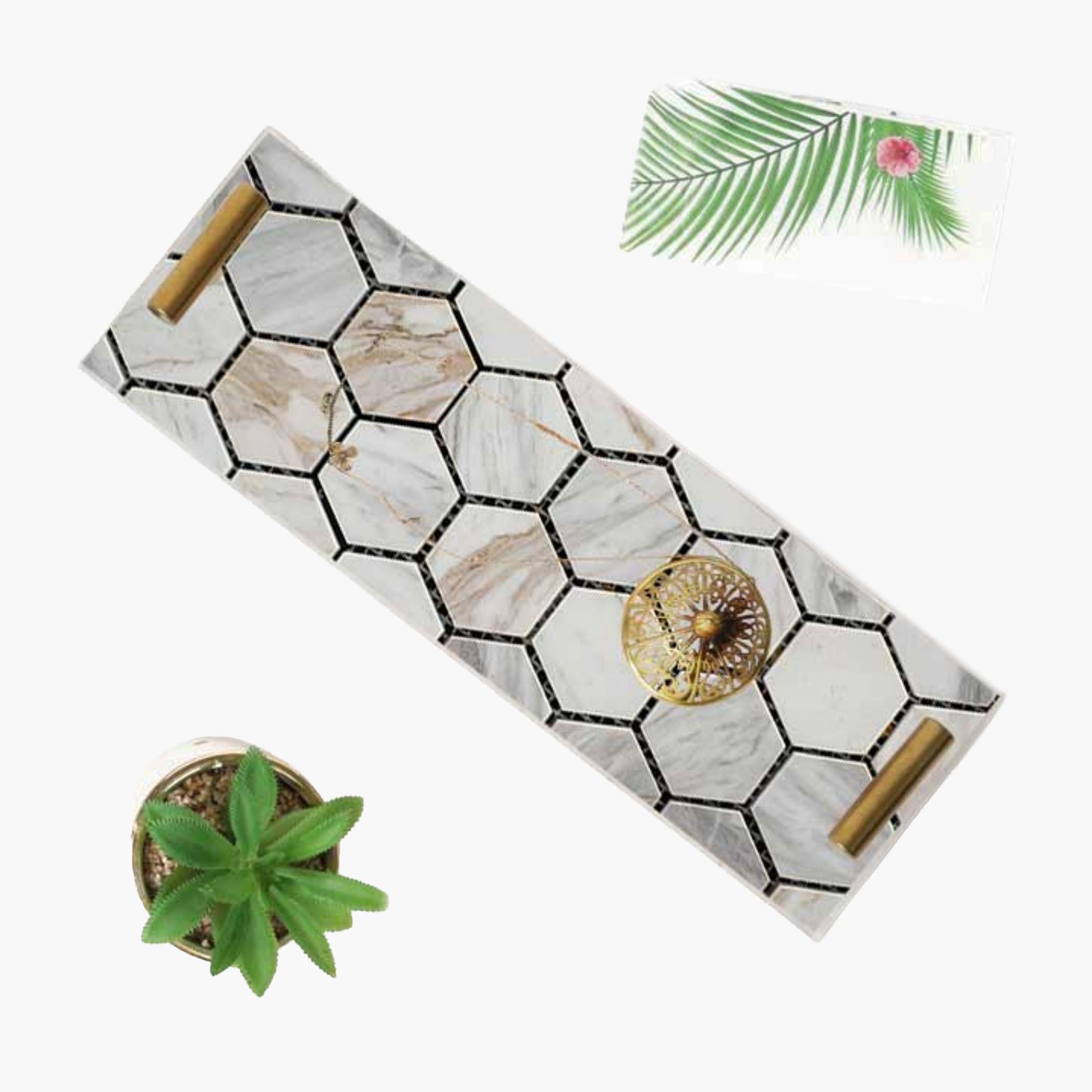 Decorative Acrylic Serving Tray with Gold Metal Handles and Marble Design 10×30 cm-household-dining-serveware-servingtrays-image-5