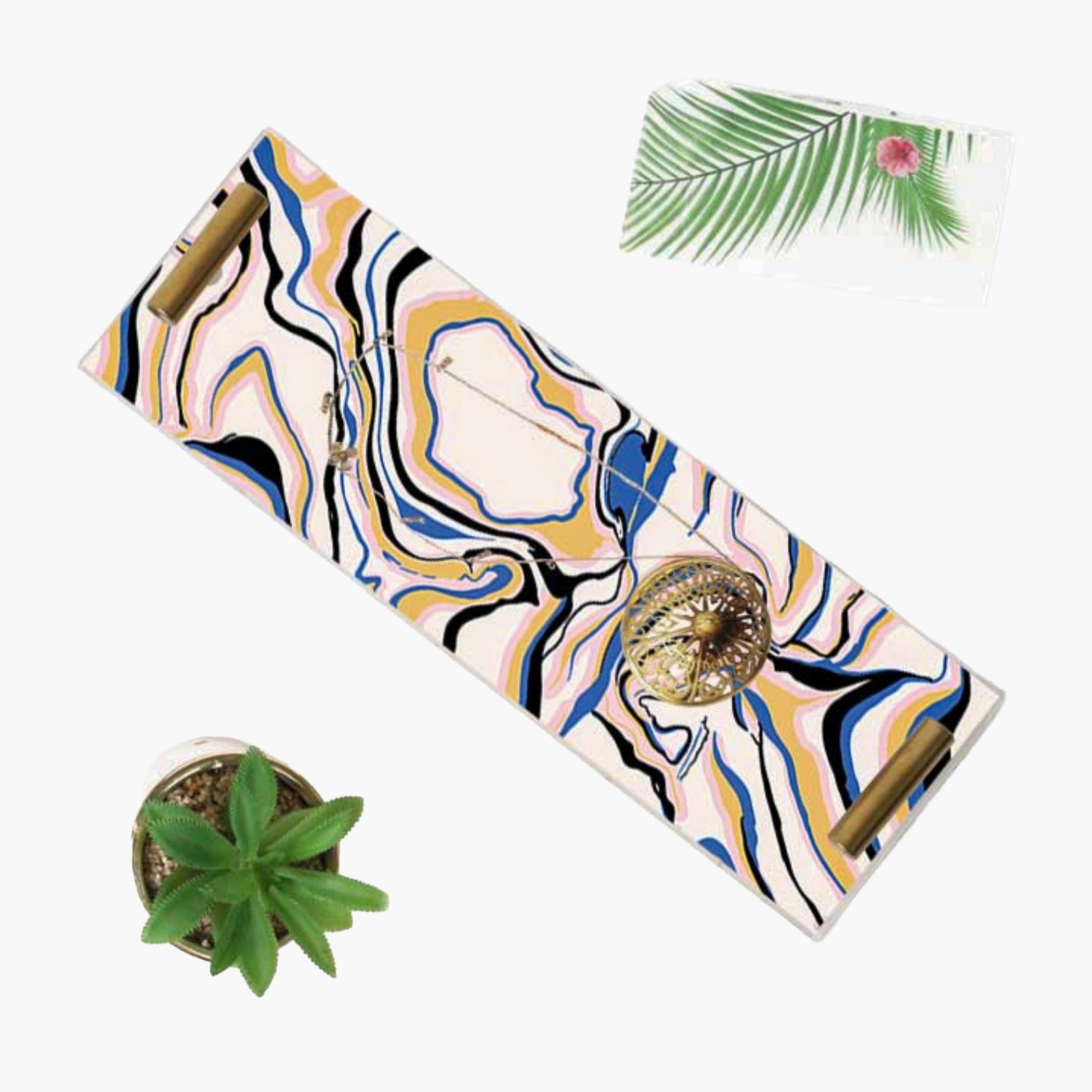 Decorative Acrylic Serving Tray with Gold Metal Handles and Marble Design 10×30 cm-household-dining-serveware-servingtrays-image-1