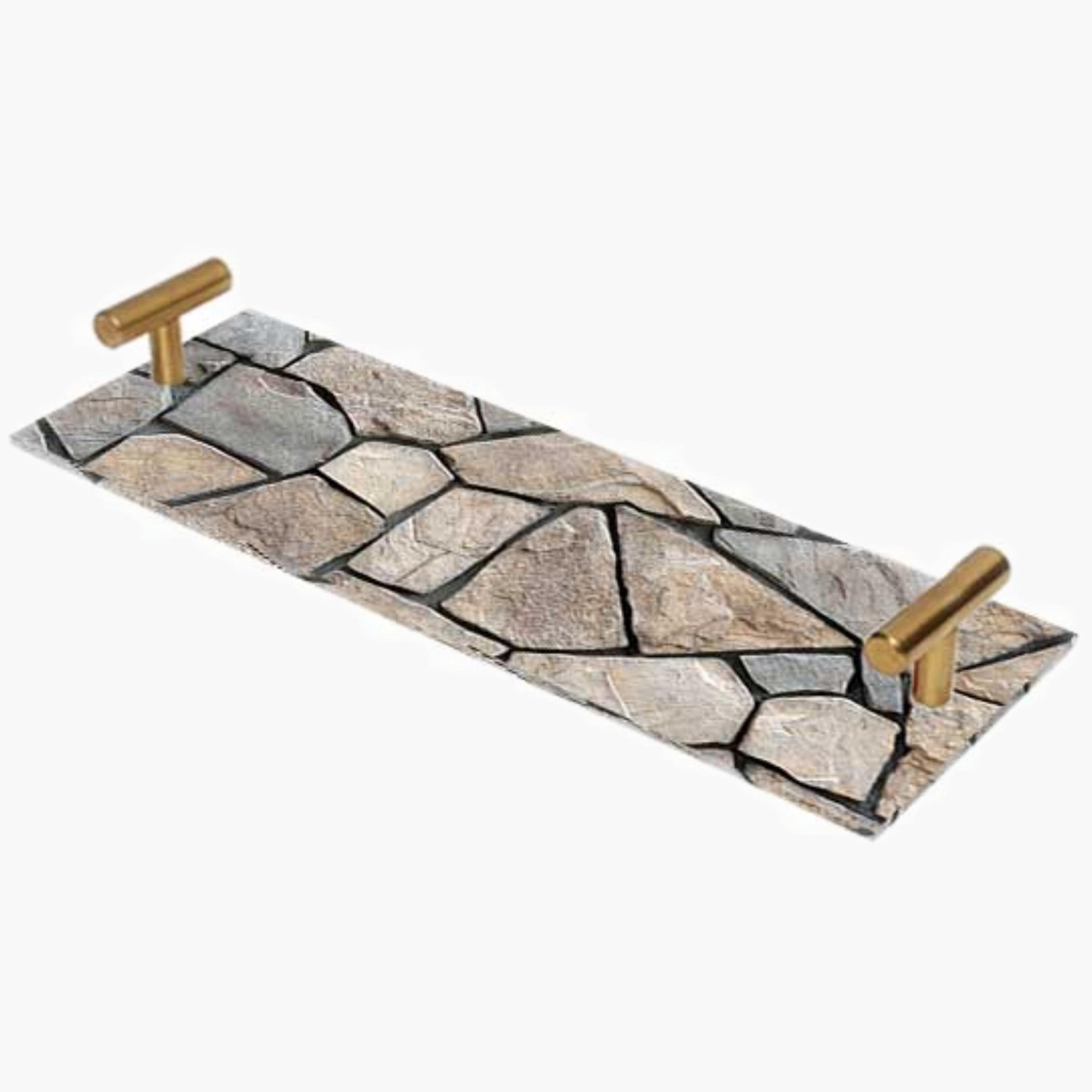 Decorative Acrylic Serving Tray with Gold Metal Handles and Marble Design 10×30 cm-household-dining-serveware-servingtrays-image-1