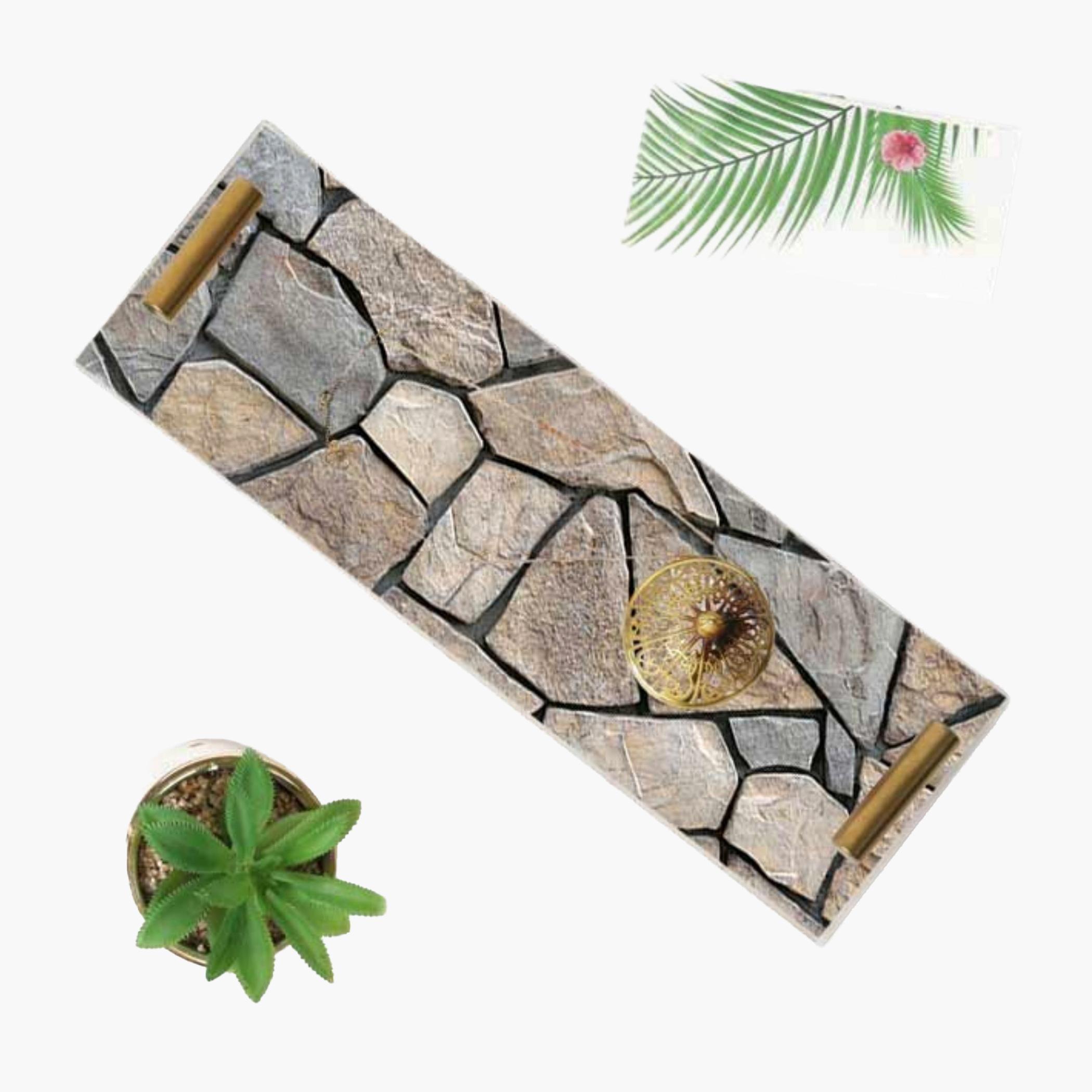 Decorative Acrylic Serving Tray with Gold Metal Handles and Marble Design 10×30 cm-household-dining-serveware-servingtrays-image-2