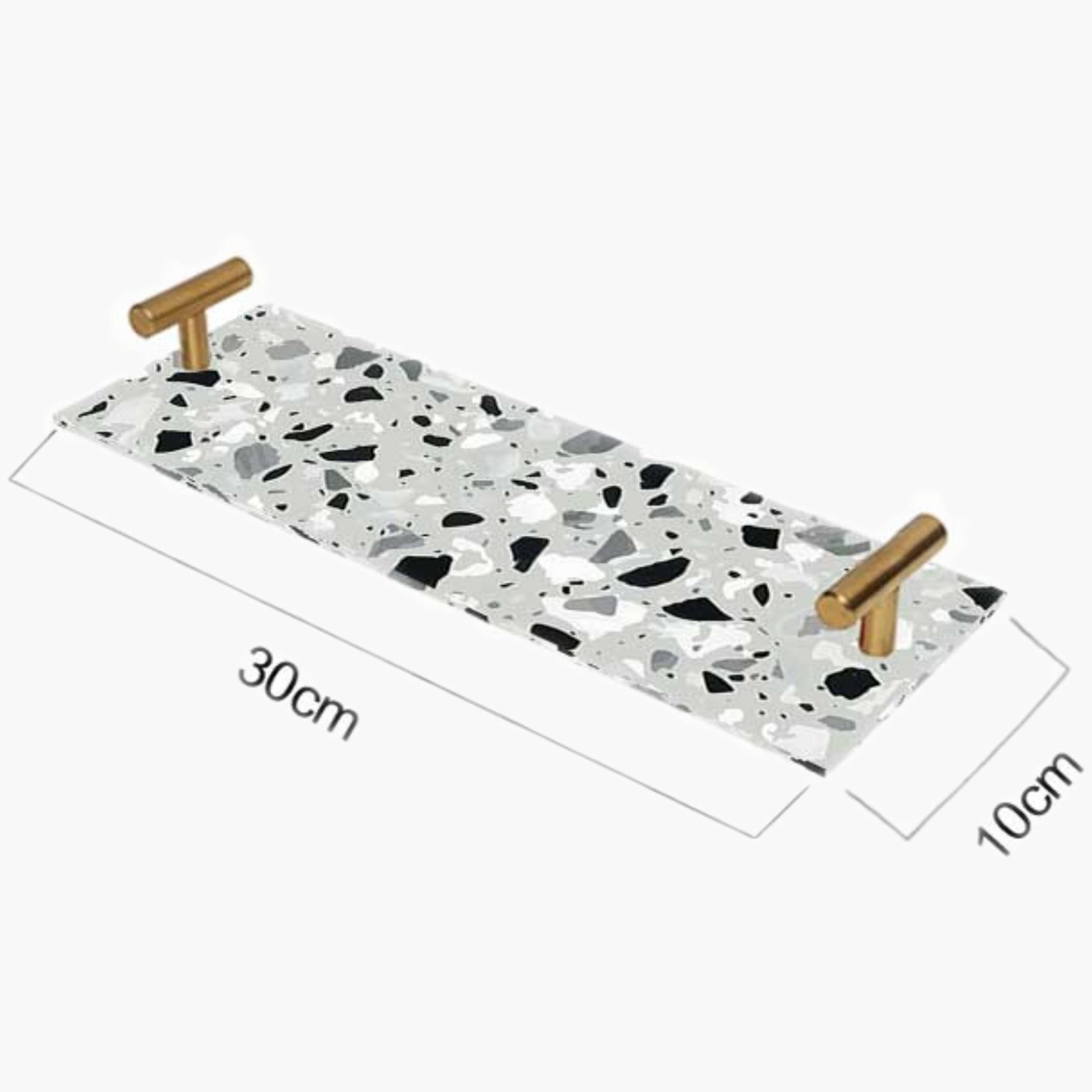 Decorative Acrylic Serving Tray with Gold Metal Handles and Marble Design 10×30 cm-household-dining-serveware-servingtrays-image-1