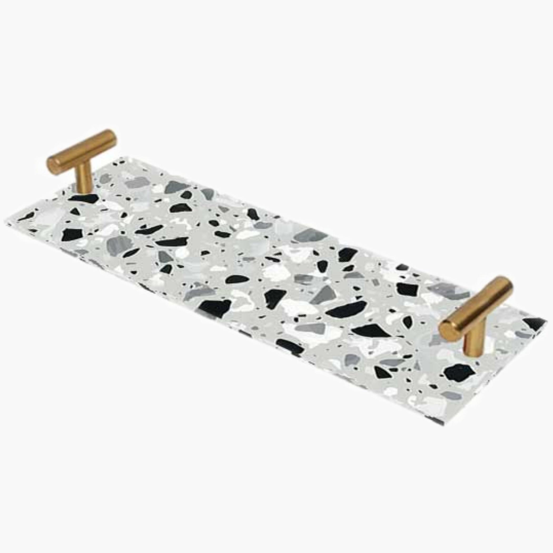 Decorative Acrylic Serving Tray with Gold Metal Handles and Marble Design 10×30 cm-household-dining-serveware-servingtrays-image-2