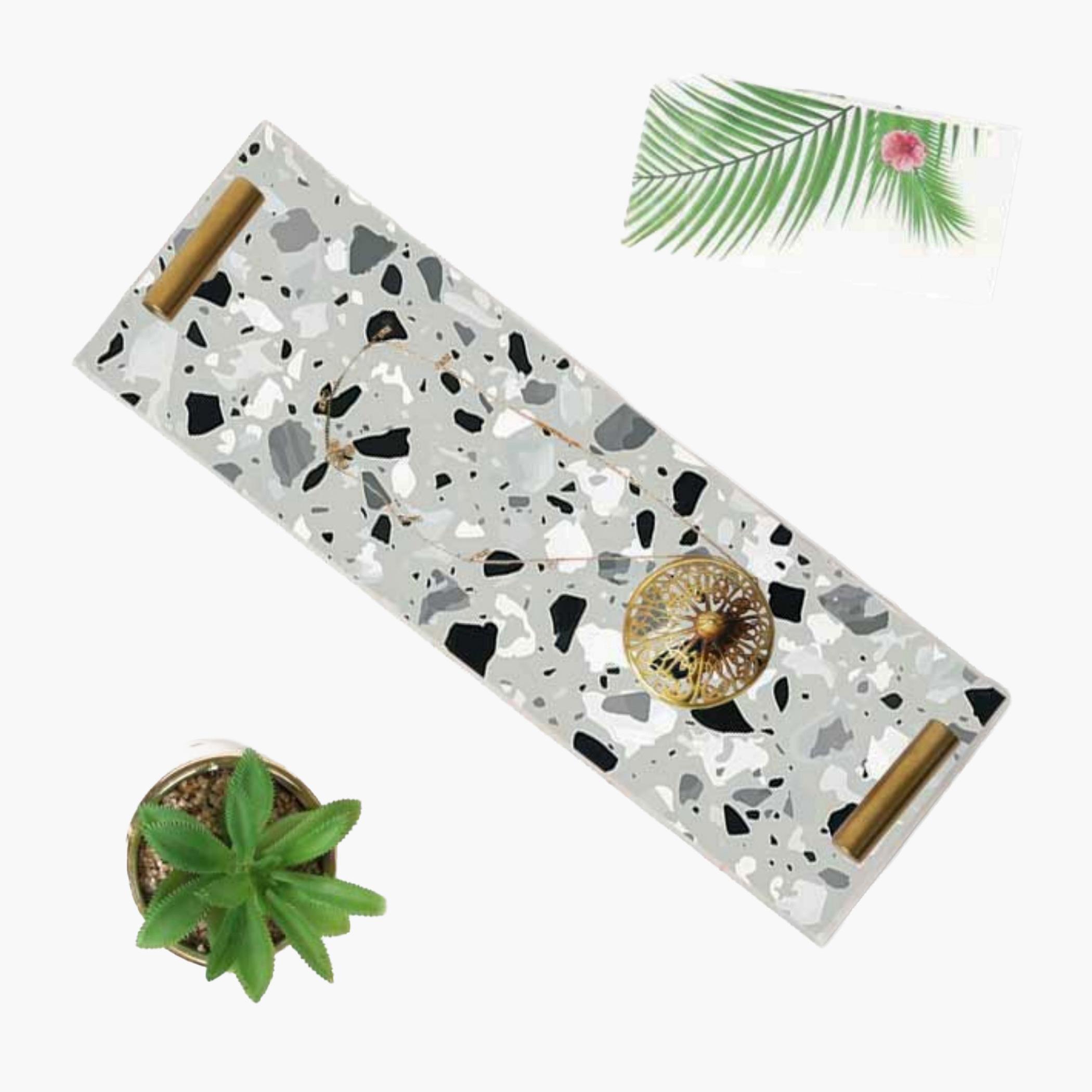 Decorative Acrylic Serving Tray with Gold Metal Handles and Marble Design 10×30 cm-household-dining-serveware-servingtrays-image-4