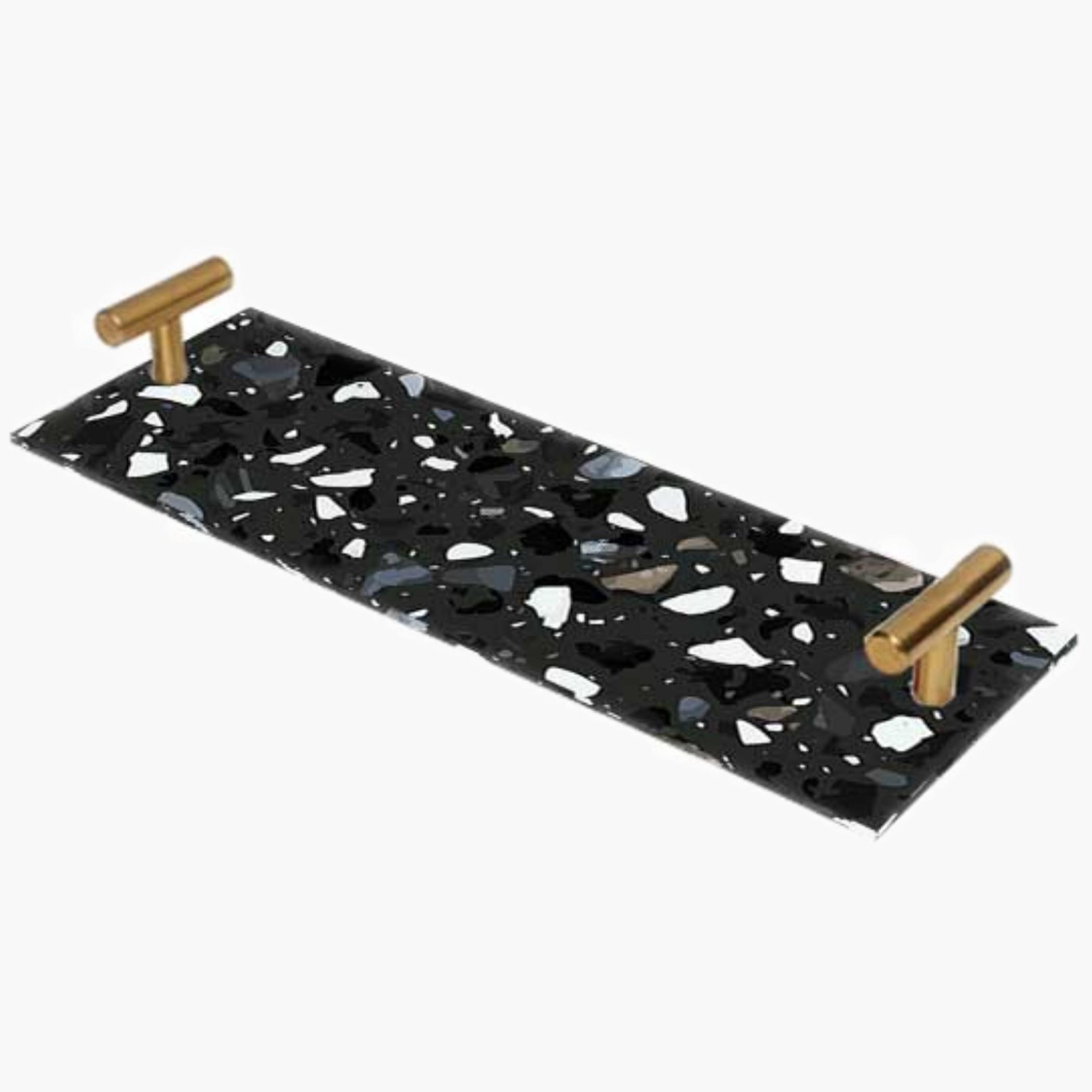 Decorative Acrylic Serving Tray with Gold Metal Handles and Marble Design 10×30 cm-household-dining-serveware-servingtrays-image-1