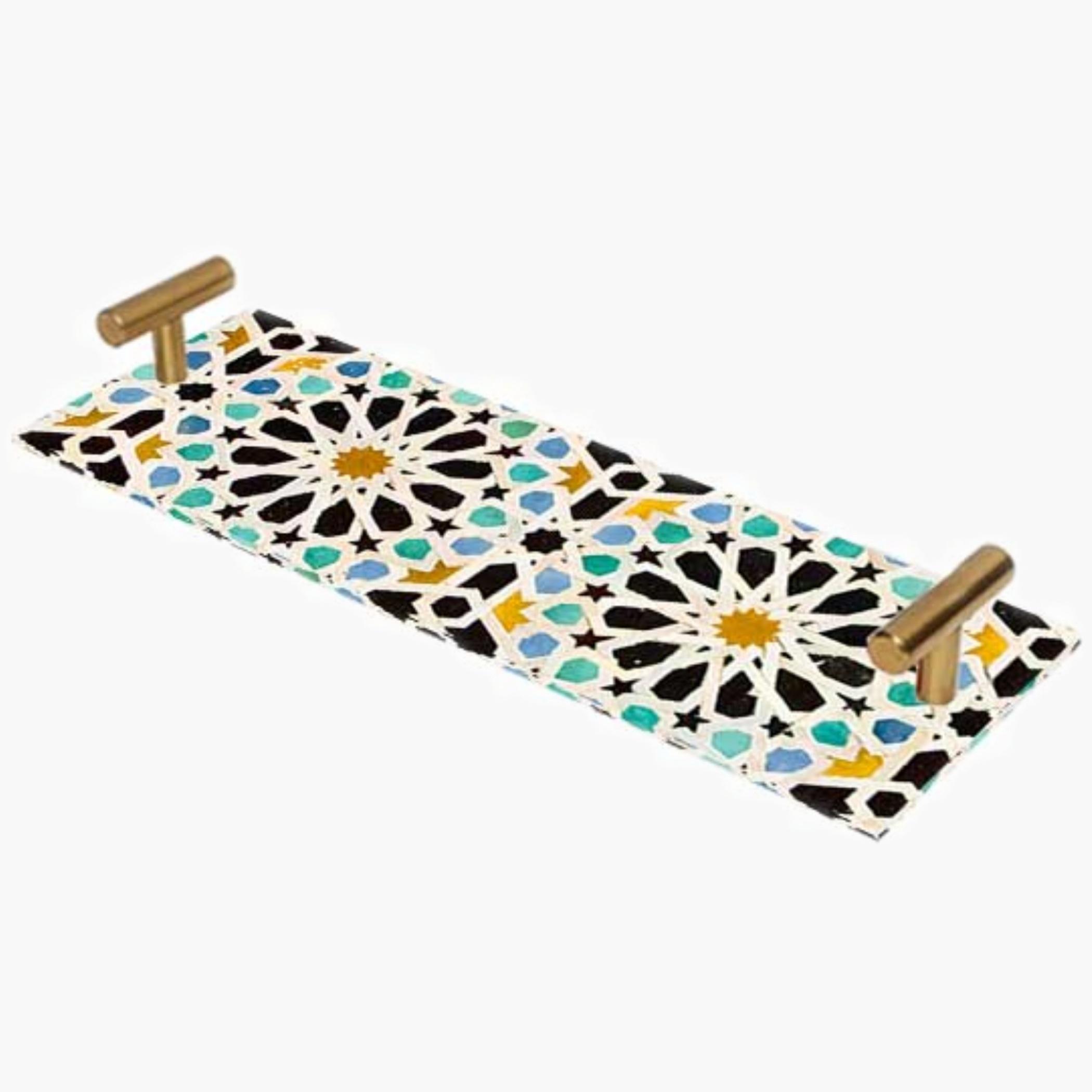 Decorative Acrylic Serving Tray with Gold Metal Handles and Marble Design 10×30 cm-household-dining-serveware-servingtrays-image-1