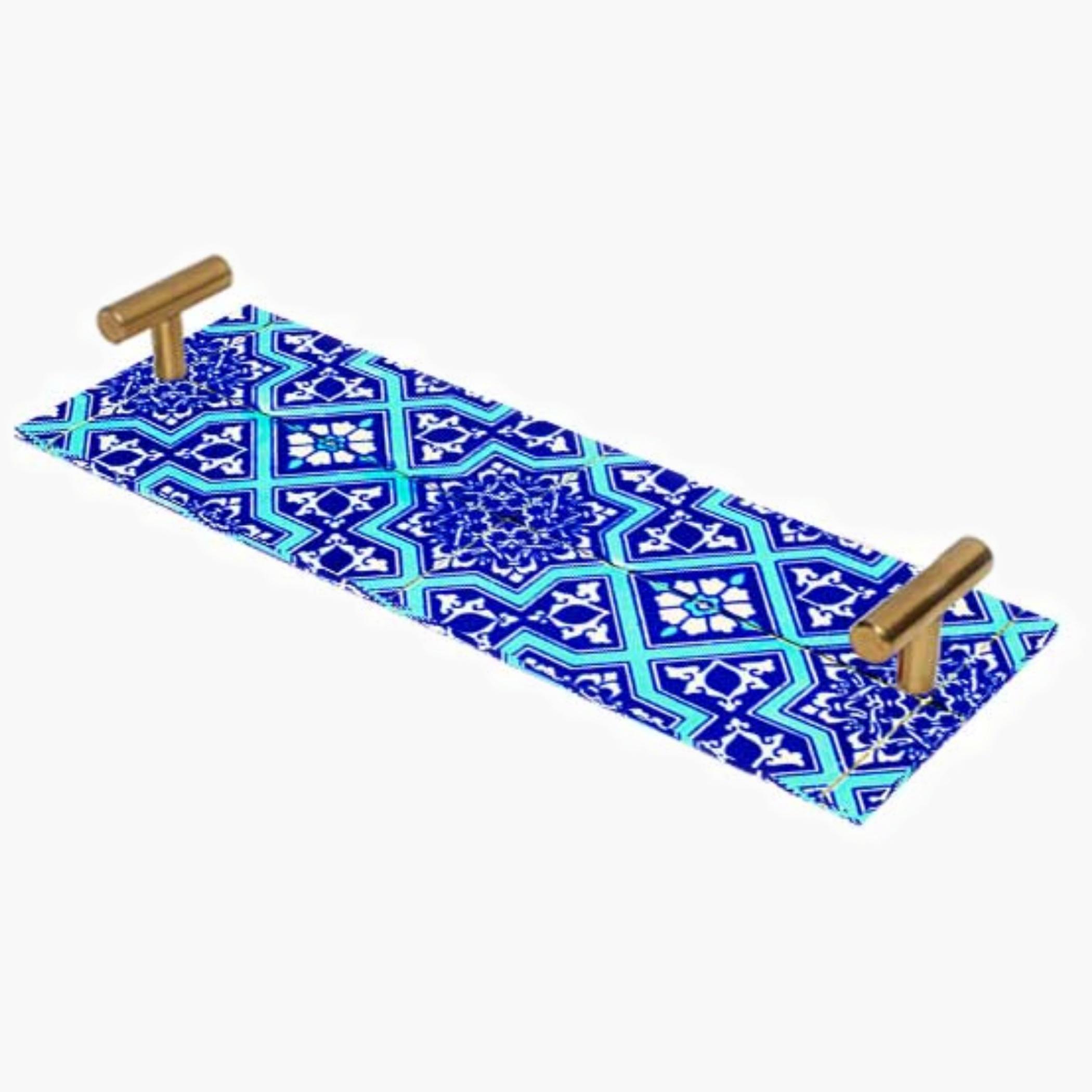 Decorative Acrylic Serving Tray with Gold Metal Handles and Marble Design 10×30 cm-household-dining-serveware-servingtrays-image-1