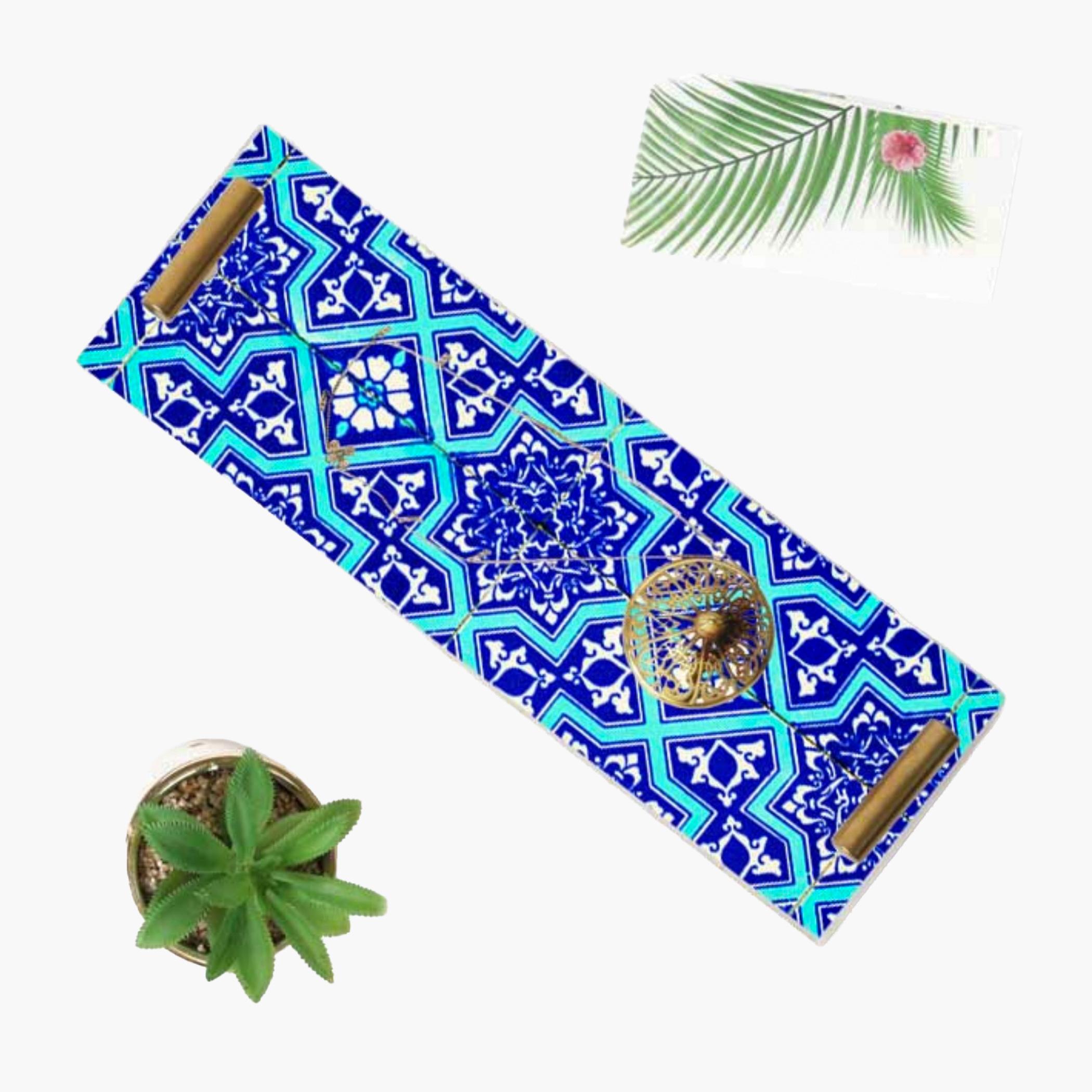 Decorative Acrylic Serving Tray with Gold Metal Handles and Marble Design 10×30 cm-household-dining-serveware-servingtrays-image-2