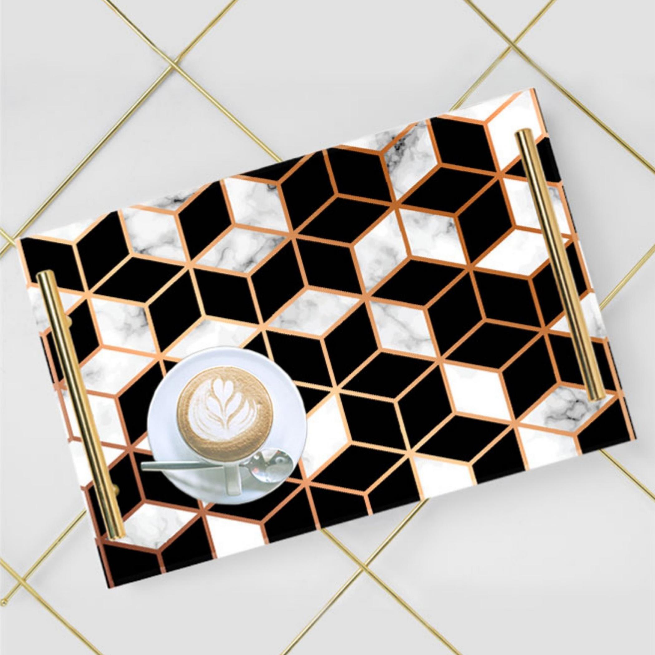 Decorative Acrylic Serving Tray with Gold Metal Handles and Marble Design 24×34 cm-household-dining-serveware-servingtrays-image-2