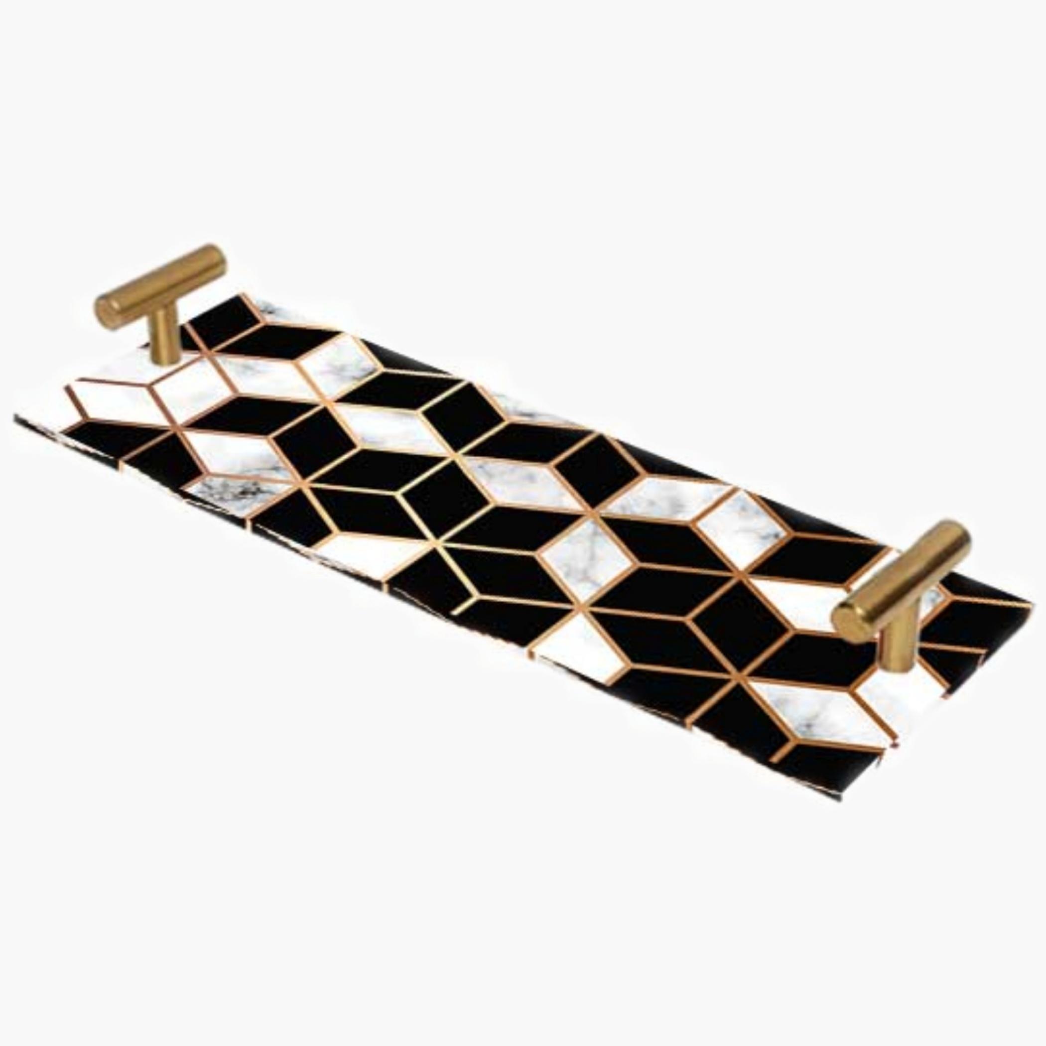 Decorative Acrylic Serving Tray with Gold Metal Handles and Marble Design 10×30 cm-household-dining-serveware-servingtrays-image-1
