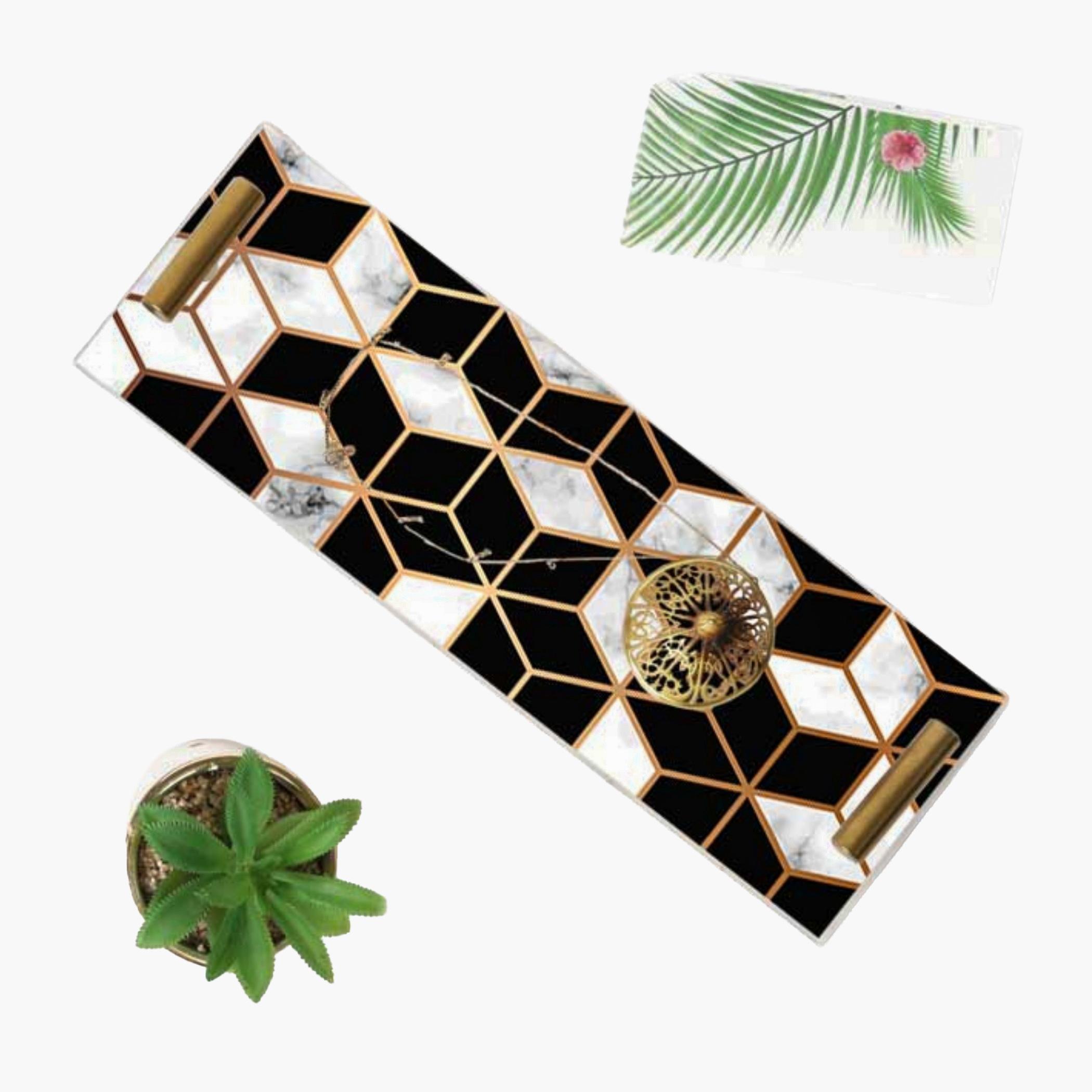 Decorative Acrylic Serving Tray with Gold Metal Handles and Marble Design 10×30 cm-household-dining-serveware-servingtrays-image-4