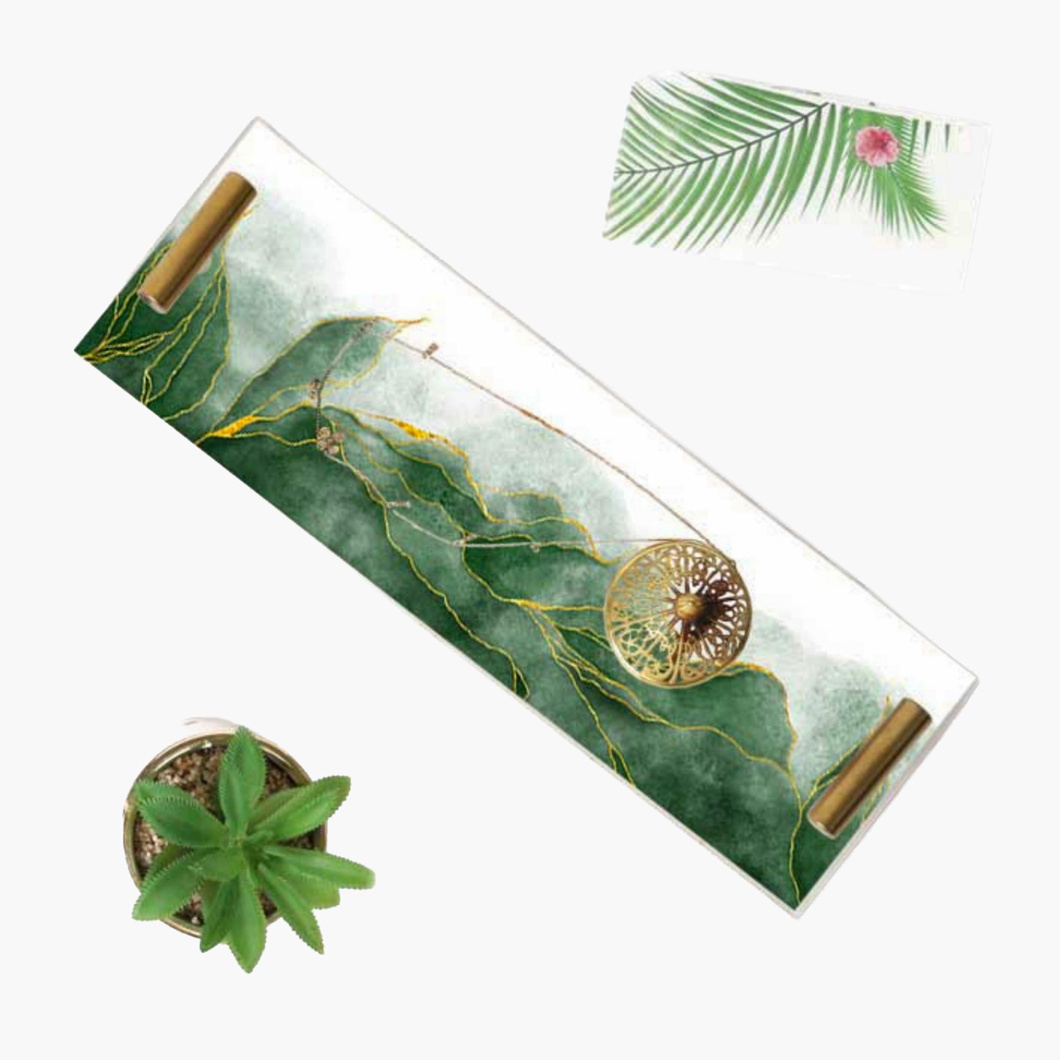 Decorative Acrylic Serving Tray with Gold Metal Handles and Marble Design 10×30 cm-household-dining-serveware-servingtrays-image-1