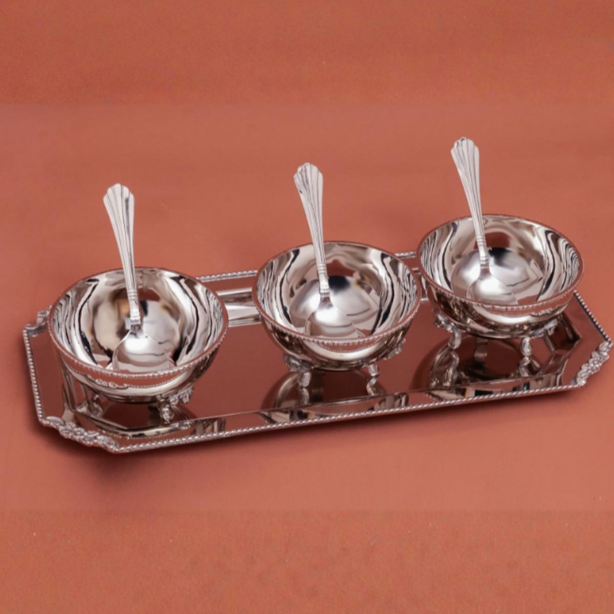 Quesera Layali 3-Bowl Brass Condiment Set with Tray and Spoon