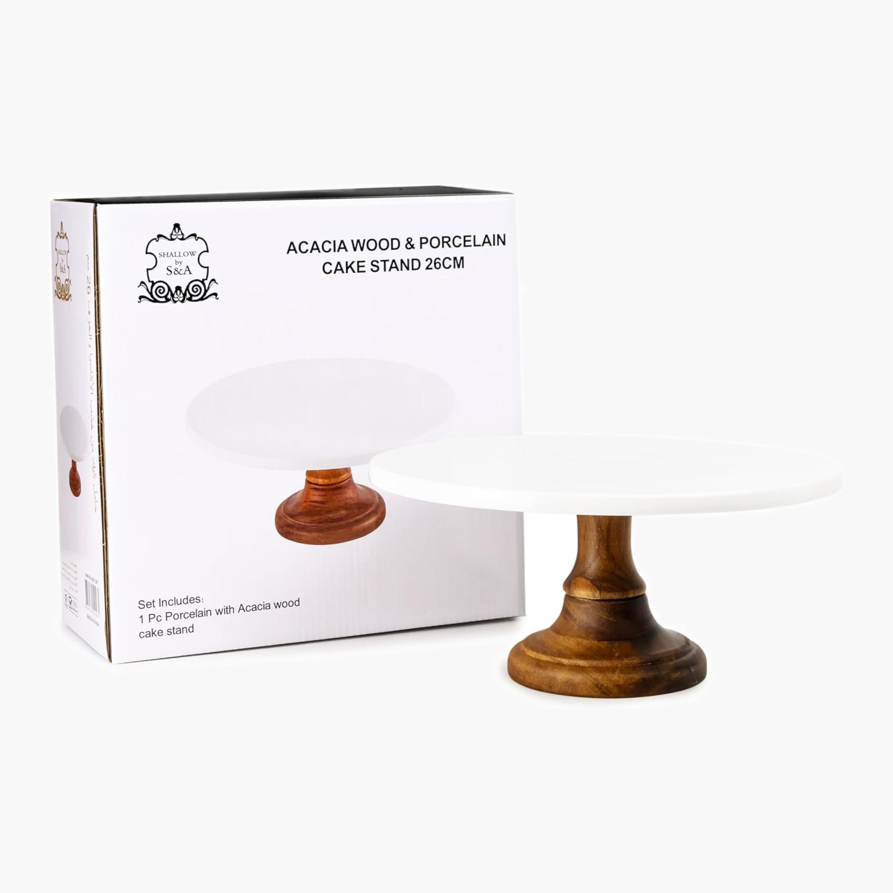 Shallow Acacia Wood Porcelain Cake Stand, 26cm-household-dining-serveware-cakestands-image-1