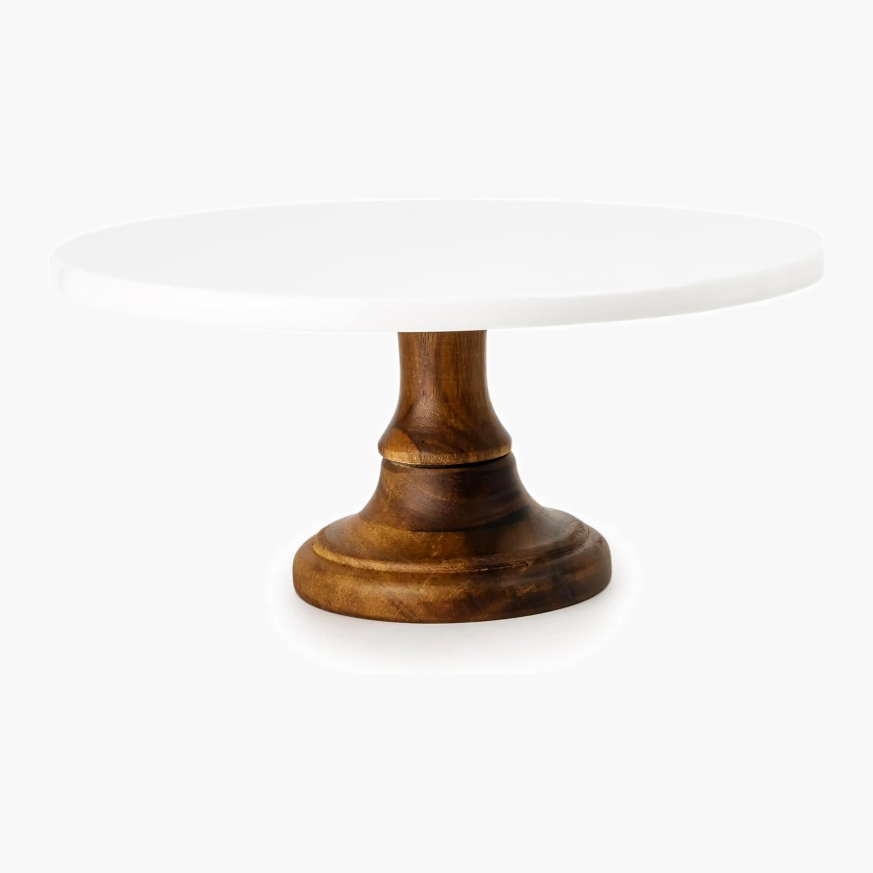 Shallow Acacia Wood Porcelain Cake Stand, 26cm-household-dining-serveware-cakestands-image-2