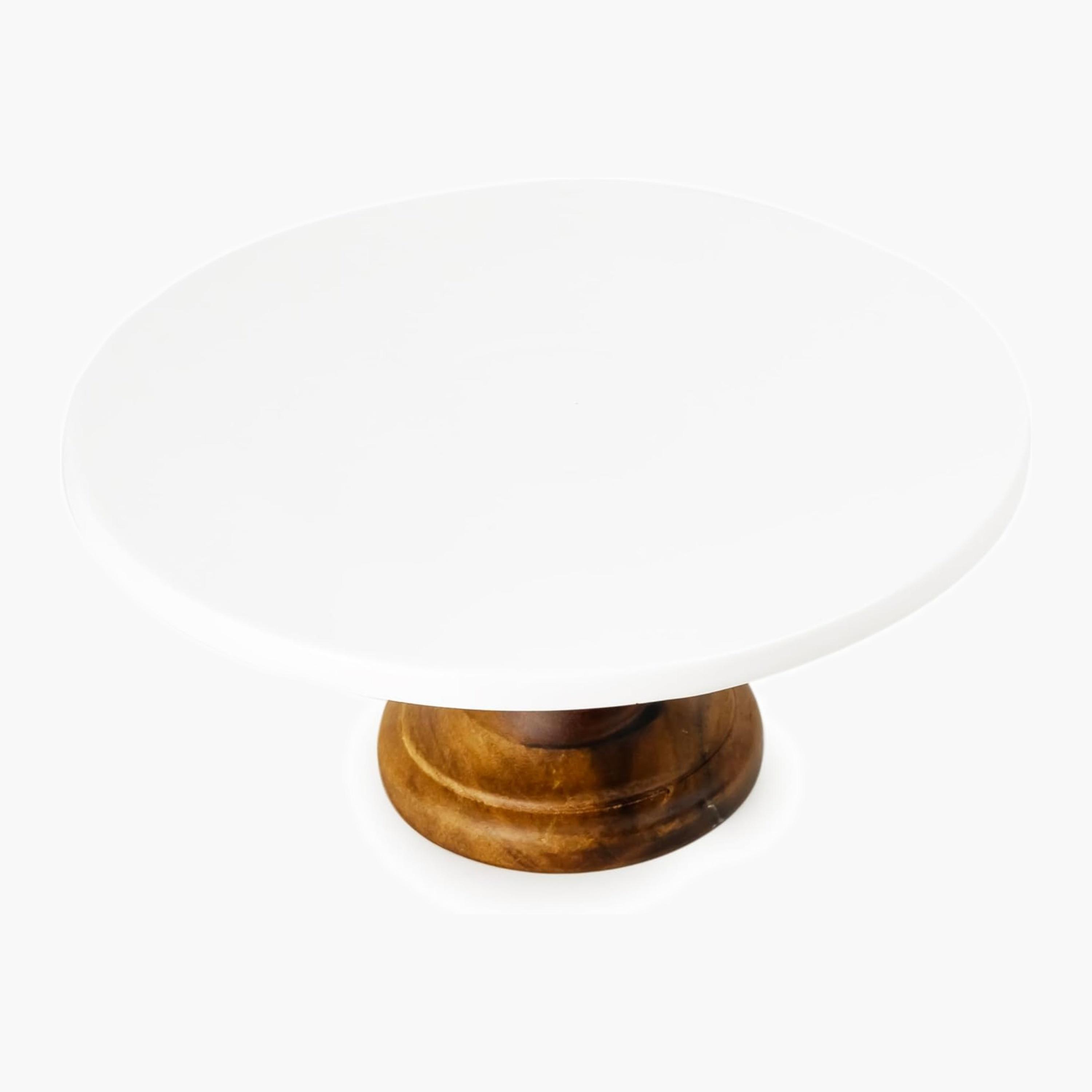 Shallow Acacia Wood Porcelain Cake Stand, 26cm-household-dining-serveware-cakestands-image-3