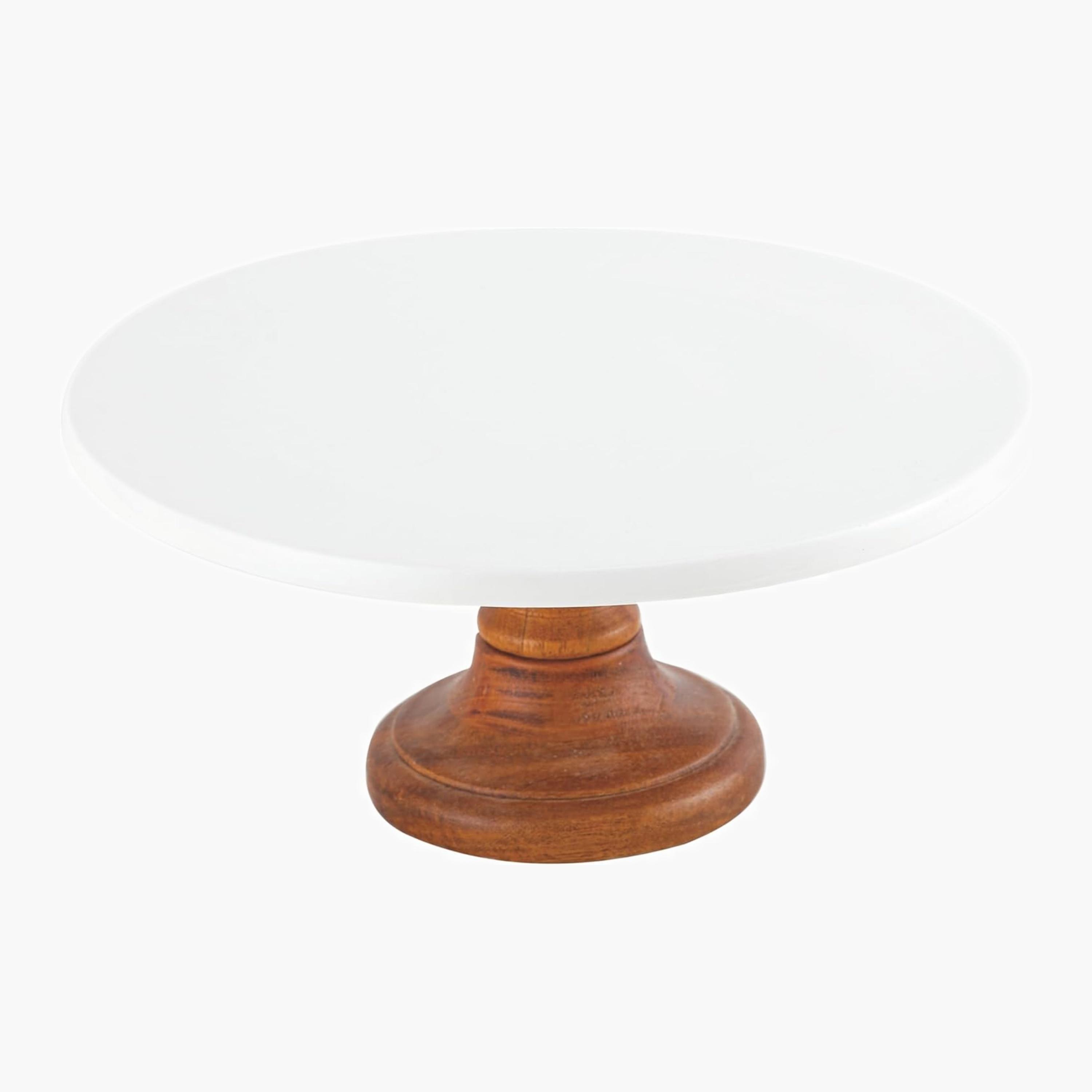 Shallow Acacia Wood Porcelain Cake Stand, 26cm-household-dining-serveware-cakestands-image-4