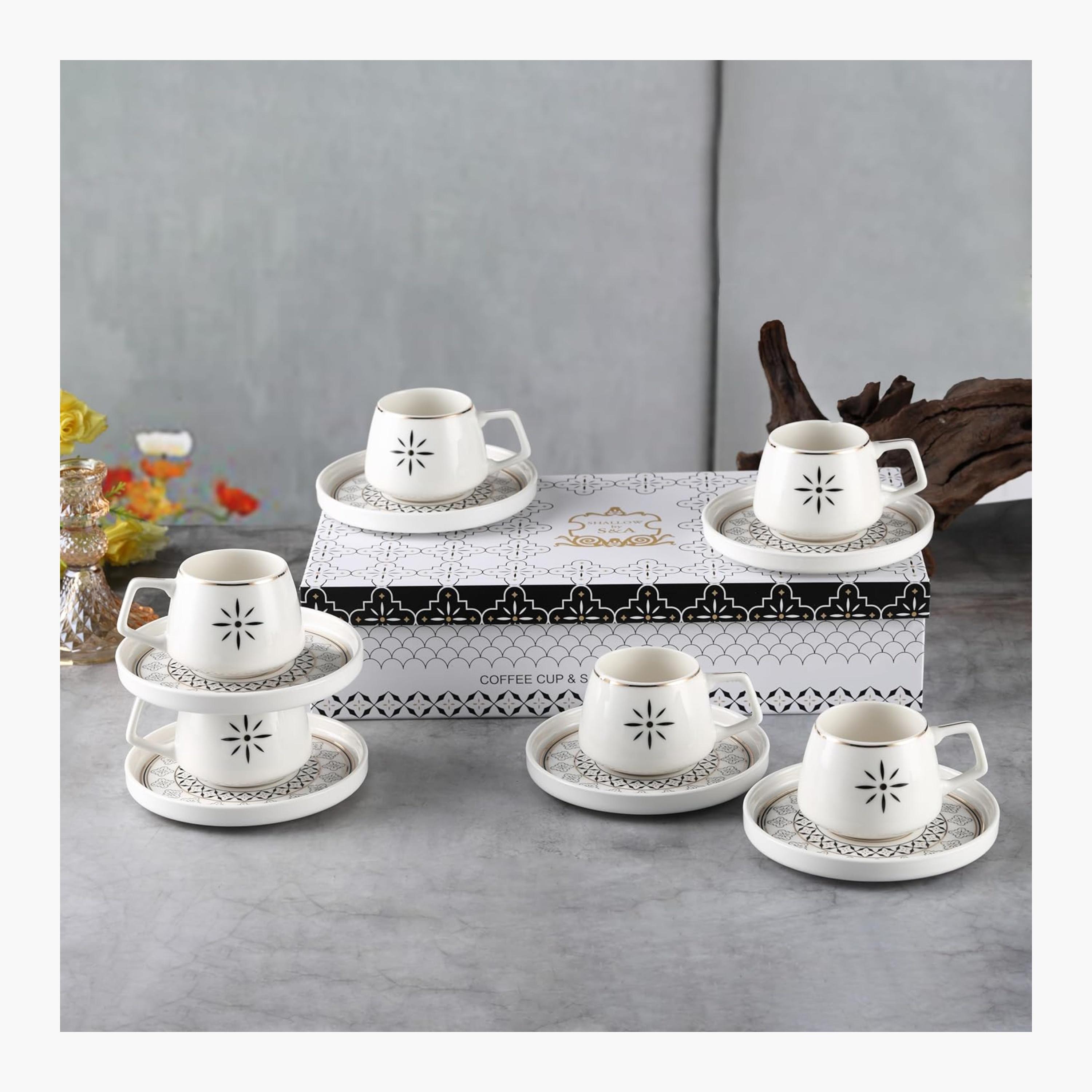 Shallow New Patterned Ceramic Coffee Cup Set, Six Pieces-household-dining-teaandcoffee-teaandcoffeesets-image-1