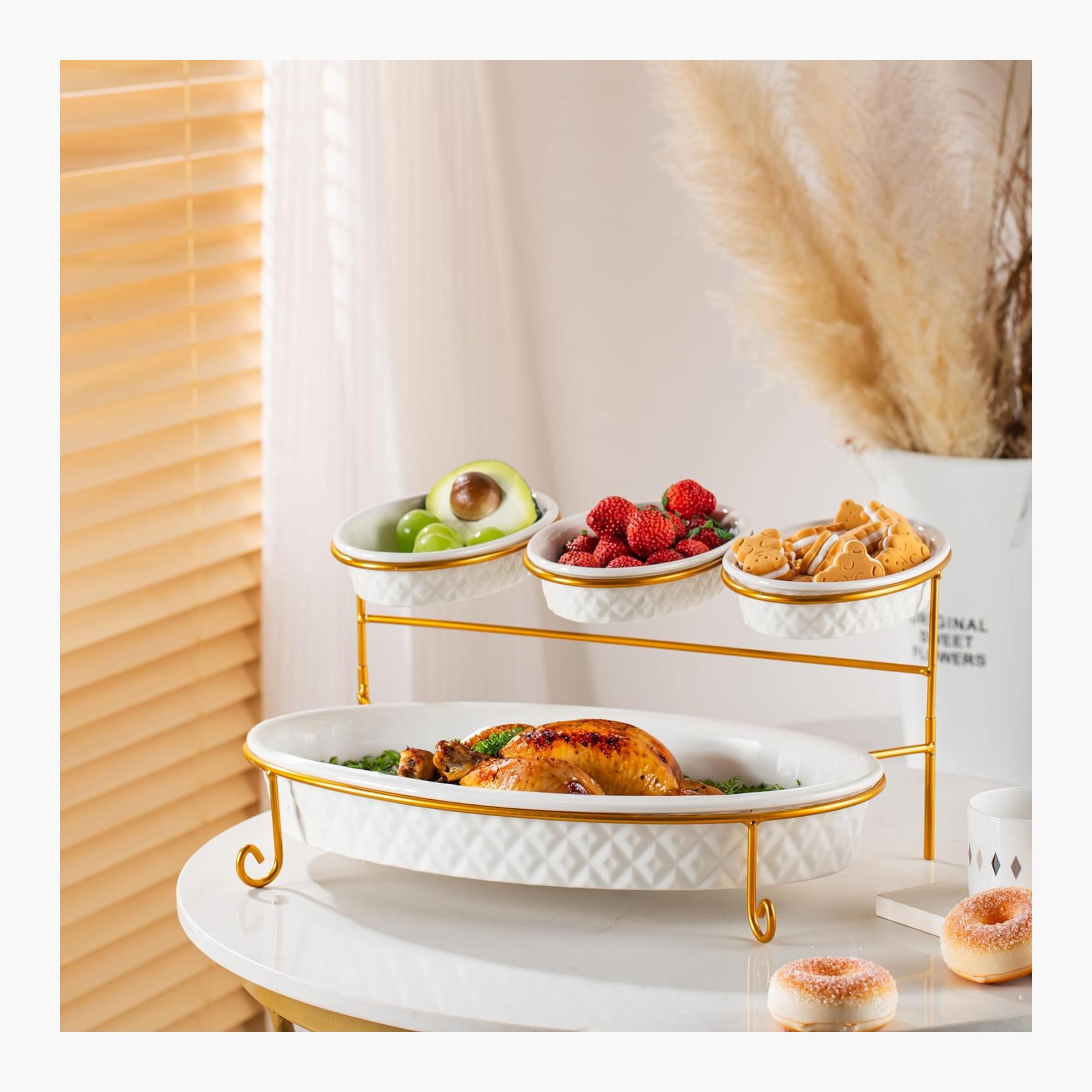 Shallow Porcelain Oval Porcelain Serving Set with Gold Stand-household-dining-serveware-servingplatters-image-1