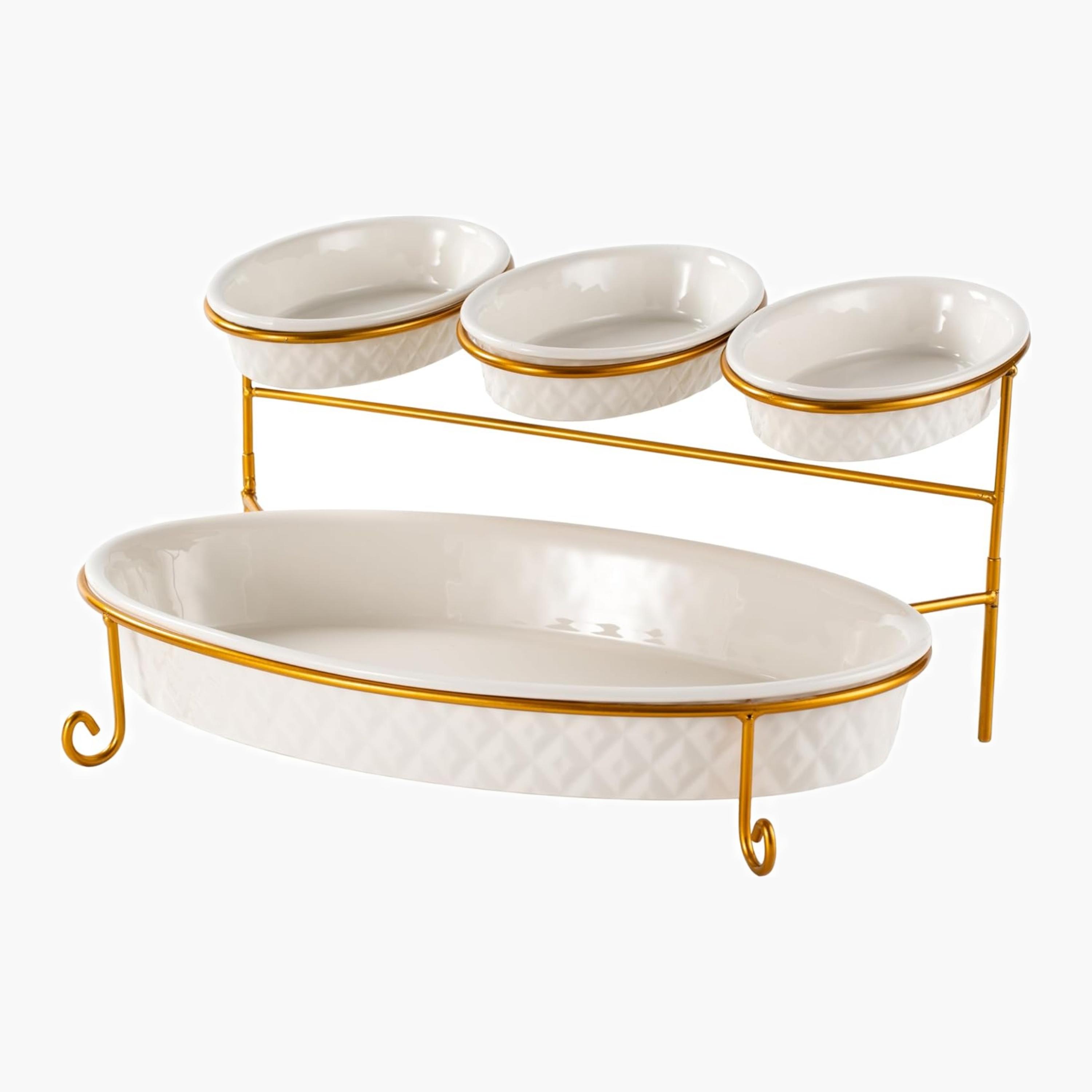 Shallow Porcelain Oval Porcelain Serving Set with Gold Stand-household-dining-serveware-servingplatters-image-2