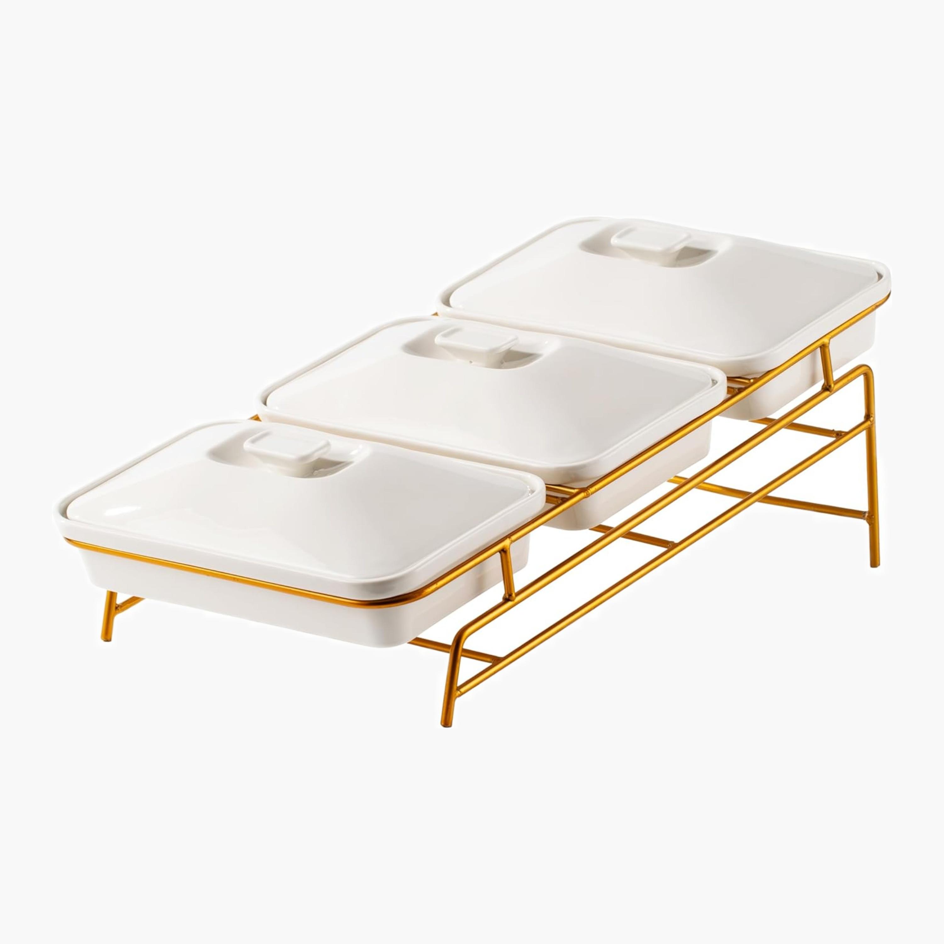 Shallow Porcelain Porcelain Three-Tier Casserole Serving Set-household-dining-serveware-foodwarmersandcasseroles-image-1