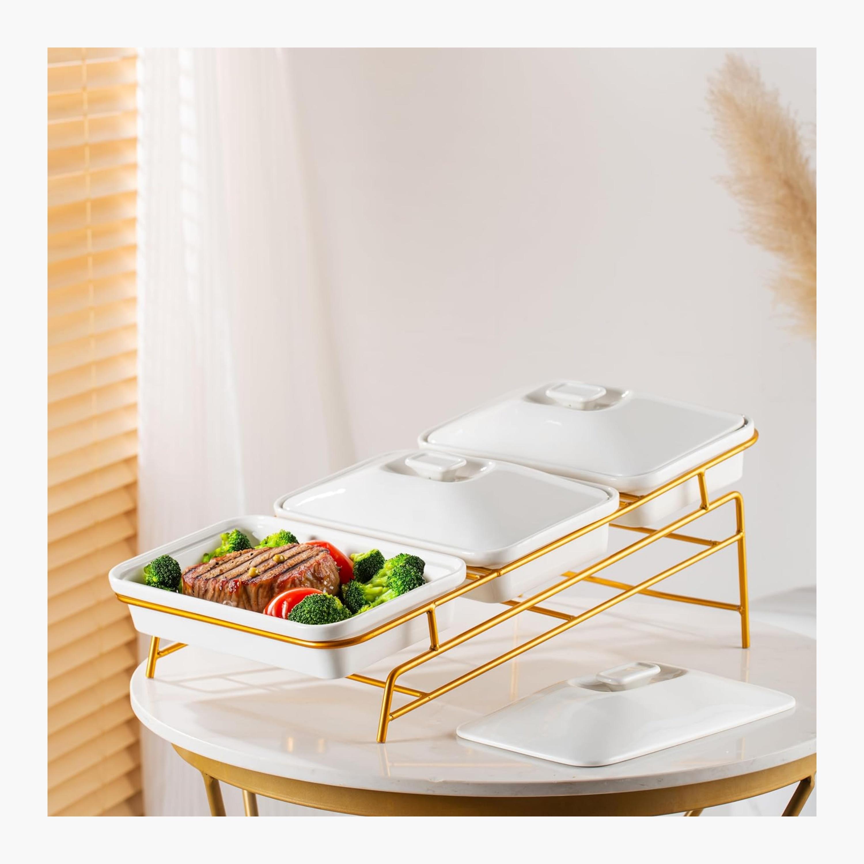Shallow Porcelain Porcelain Three-Tier Casserole Serving Set-household-dining-serveware-foodwarmersandcasseroles-image-2