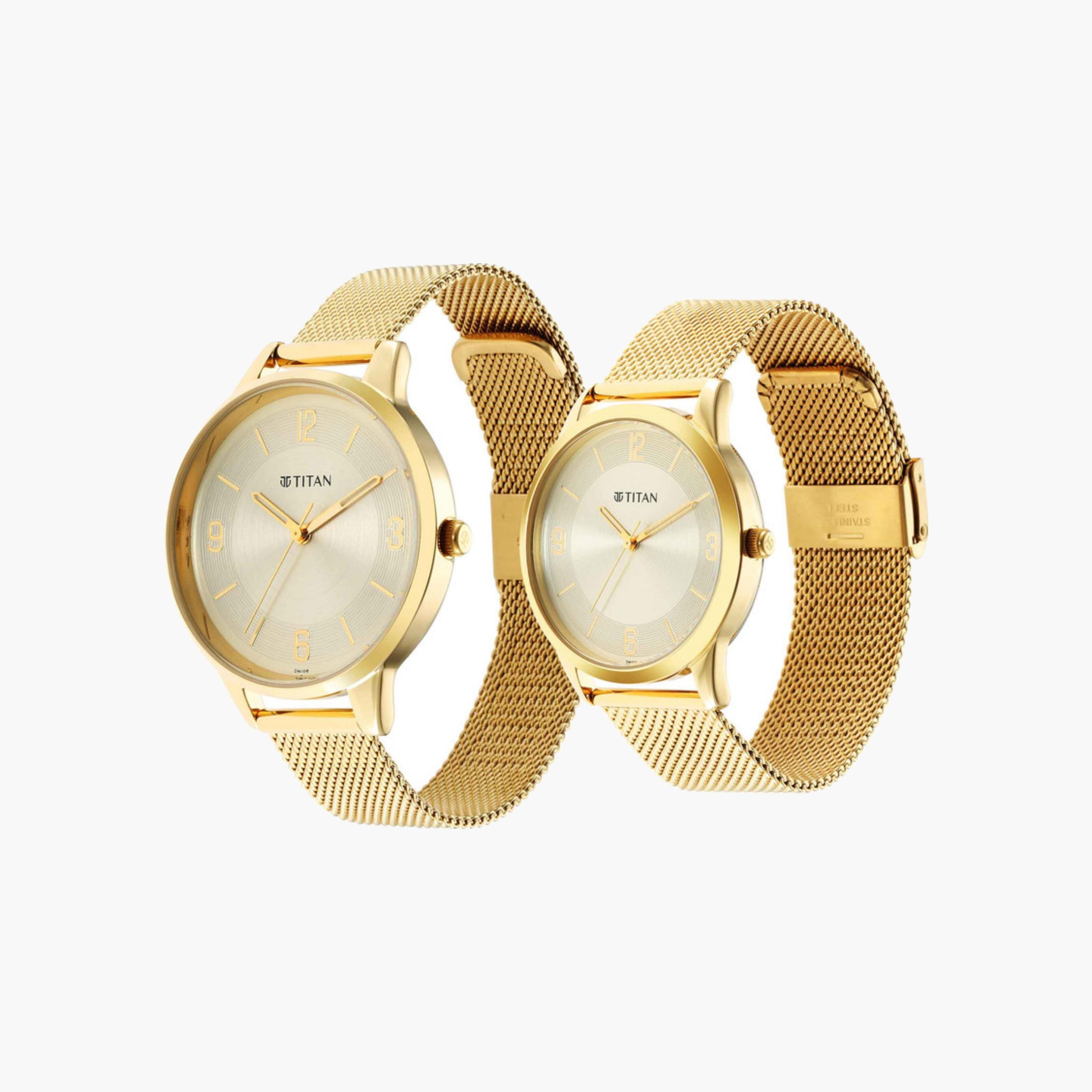 Gold-Tone Couple Watch Set Mesh Strap-men-watchesandjewellery-watches-image-1