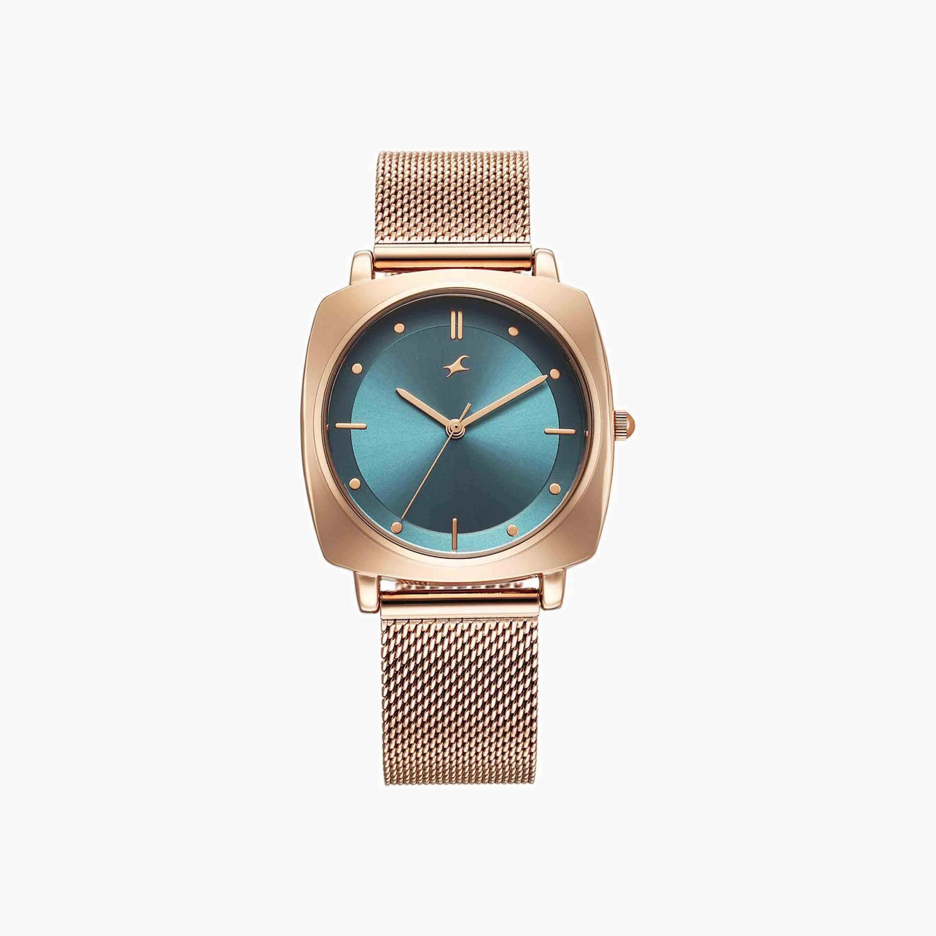 Fastrack Green Dial Rose Gold Mesh Watch-women-watchesandjewellery-watches-image-1