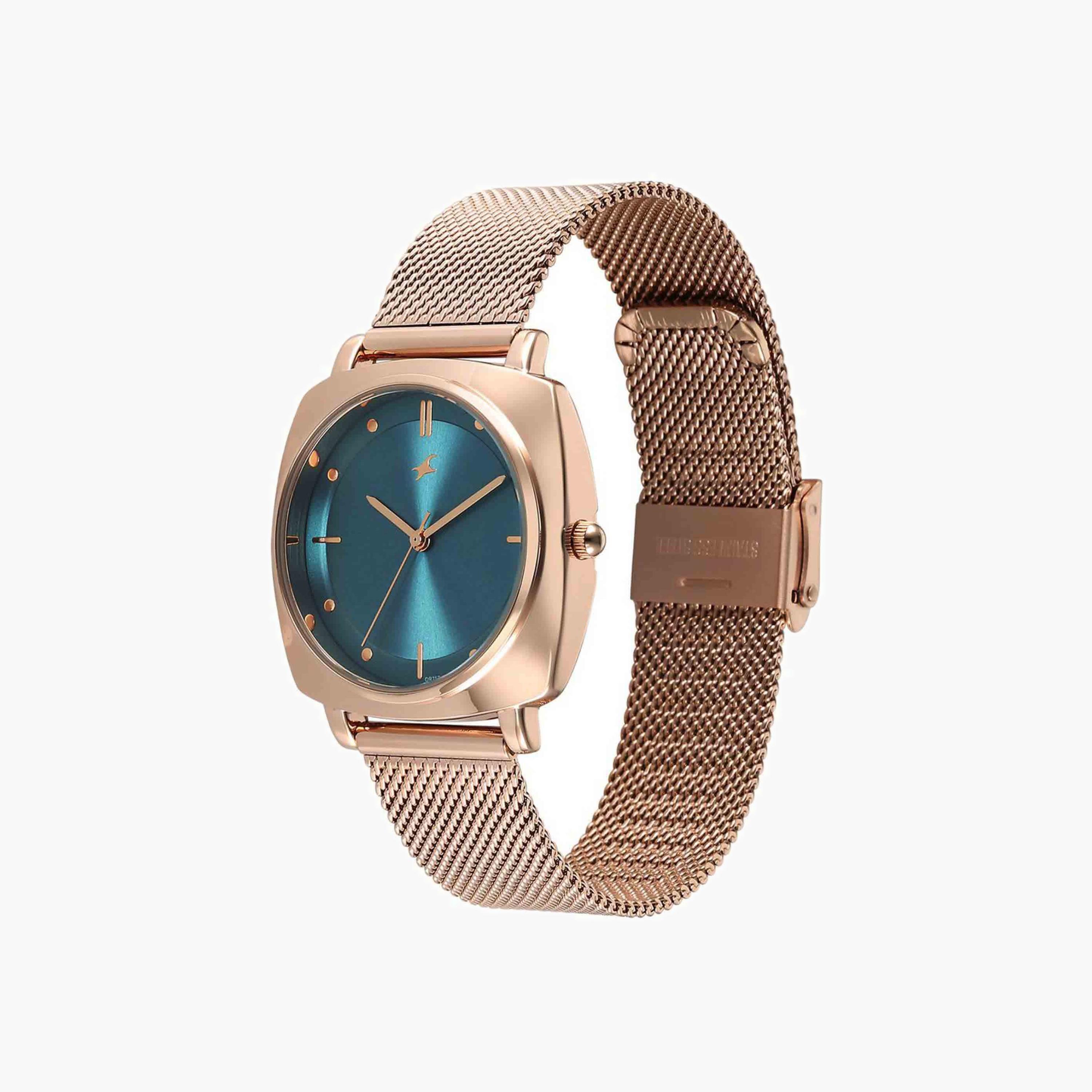 Fastrack Green Dial Rose Gold Mesh Watch-women-watchesandjewellery-watches-image-4