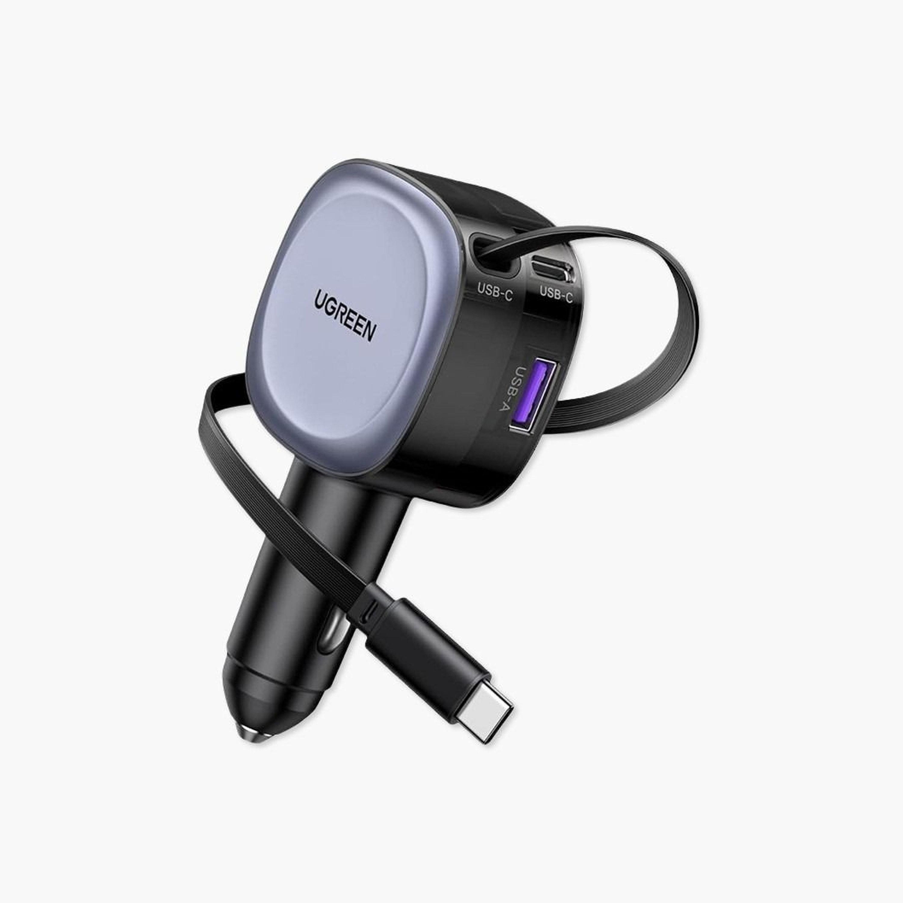Ugreen Car Charger with Retractable Cable USB-C and USB Ports 75W - Grey-electronics-accessories-mobileaccesories-image-1