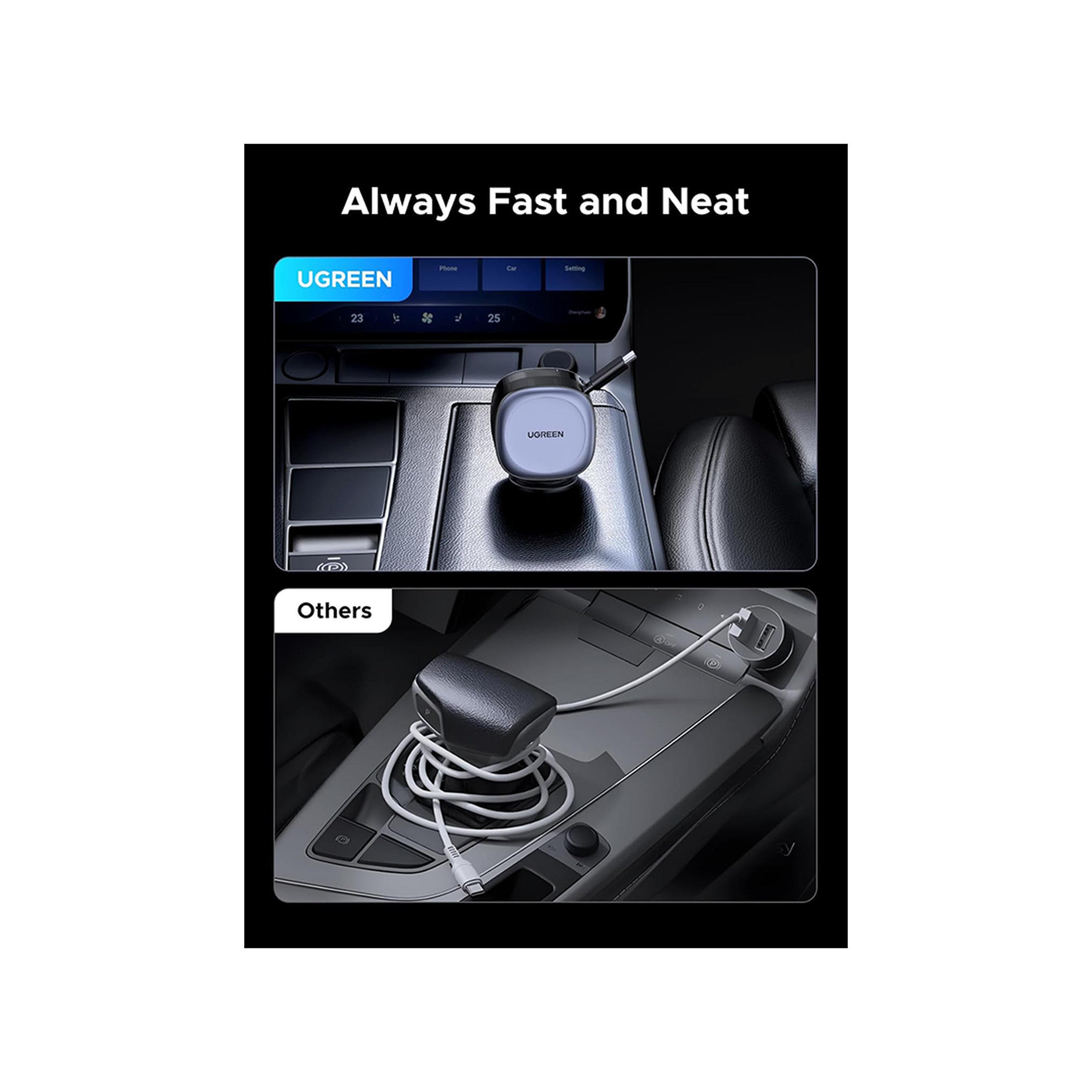 Ugreen Car Charger with Retractable Cable USB-C and USB Ports 75W - Grey-electronics-accessories-mobileaccesories-image-2