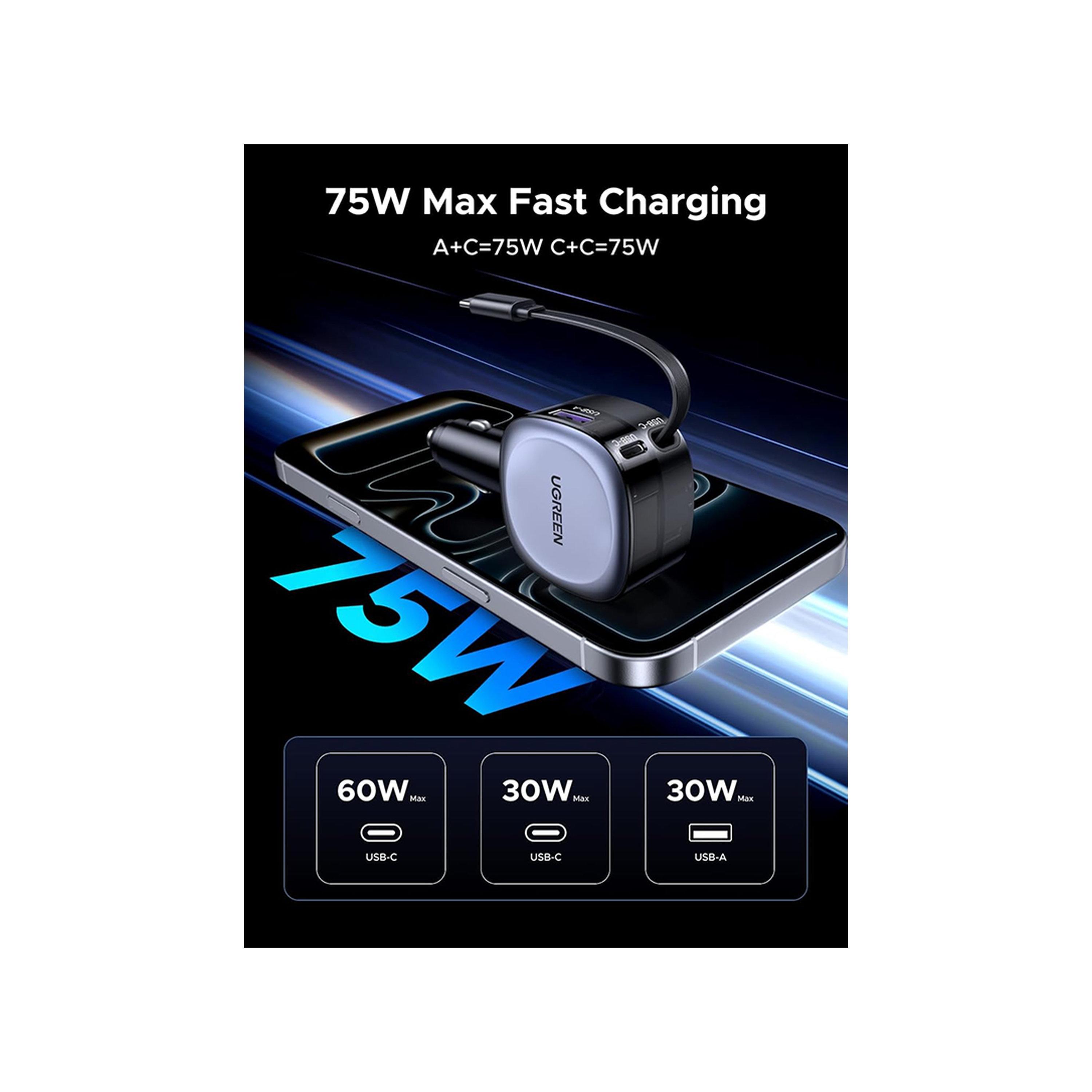 Ugreen Car Charger with Retractable Cable USB-C and USB Ports 75W - Grey-electronics-accessories-mobileaccesories-image-3