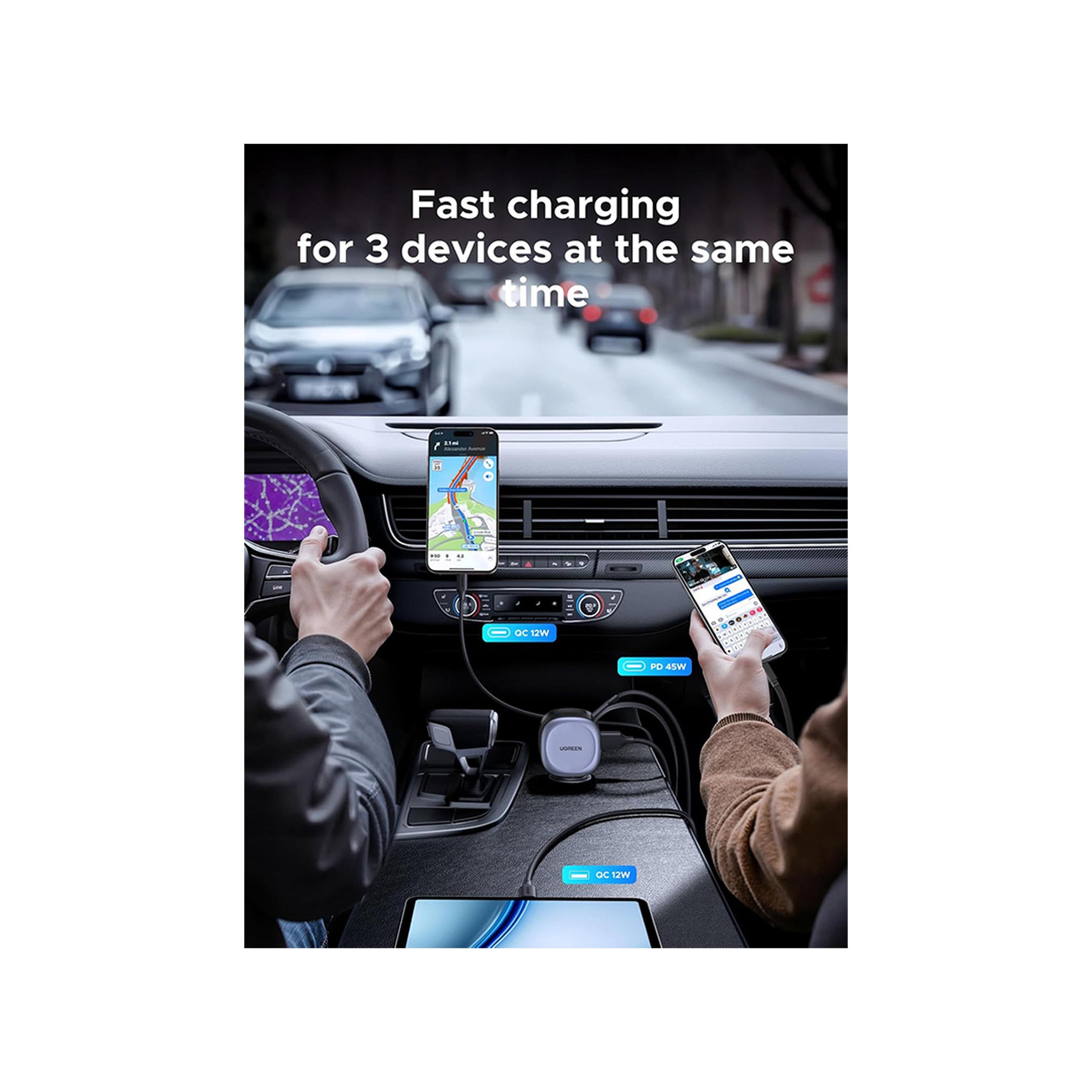 Ugreen Car Charger with Retractable Cable USB-C and USB Ports 75W - Grey-electronics-accessories-mobileaccesories-image-4