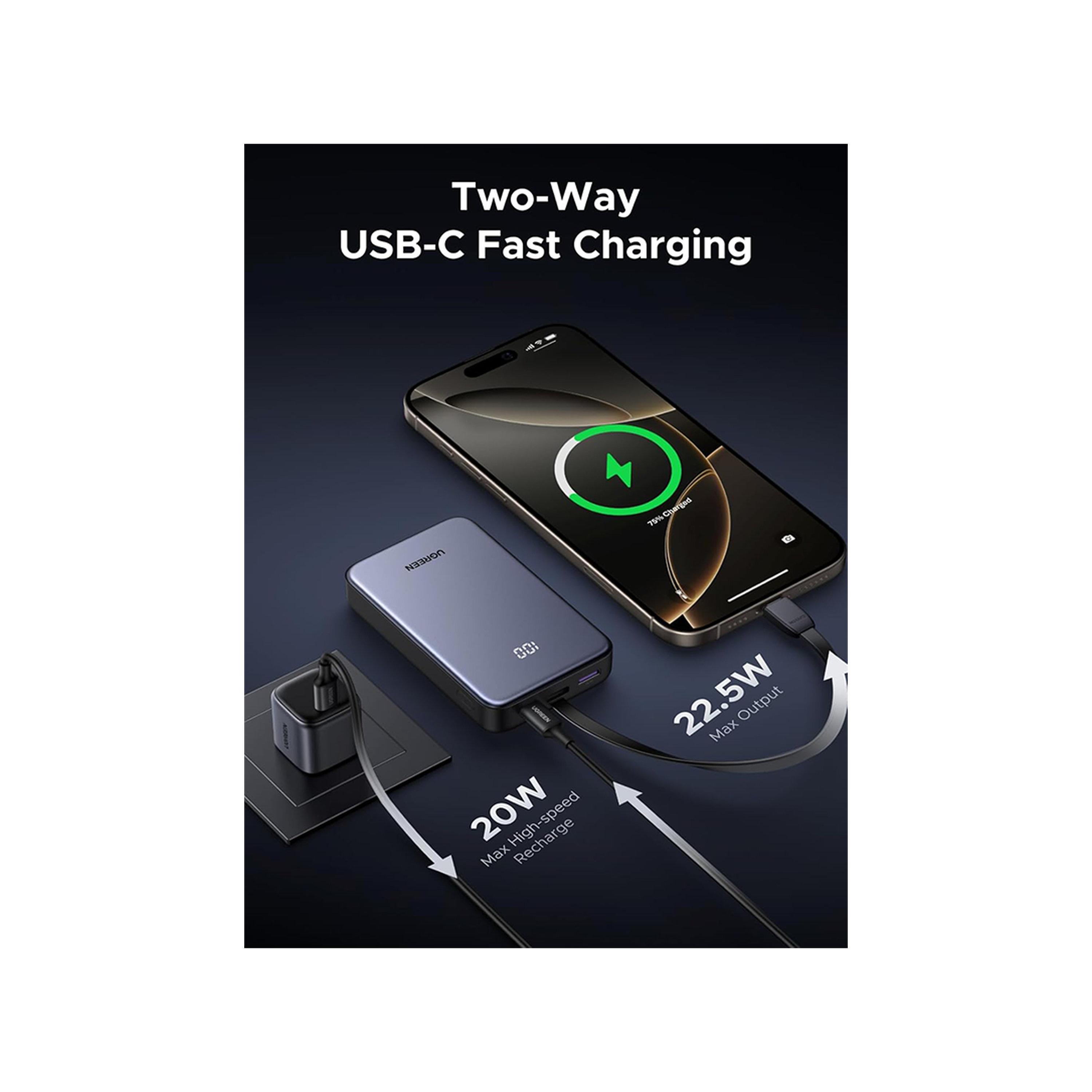 Ugreen Power Bank 2 USB-C and USB Ports with Integrated USB-C Cable 20000mAh 20W - Grey-electronics-portabledevices-image-5