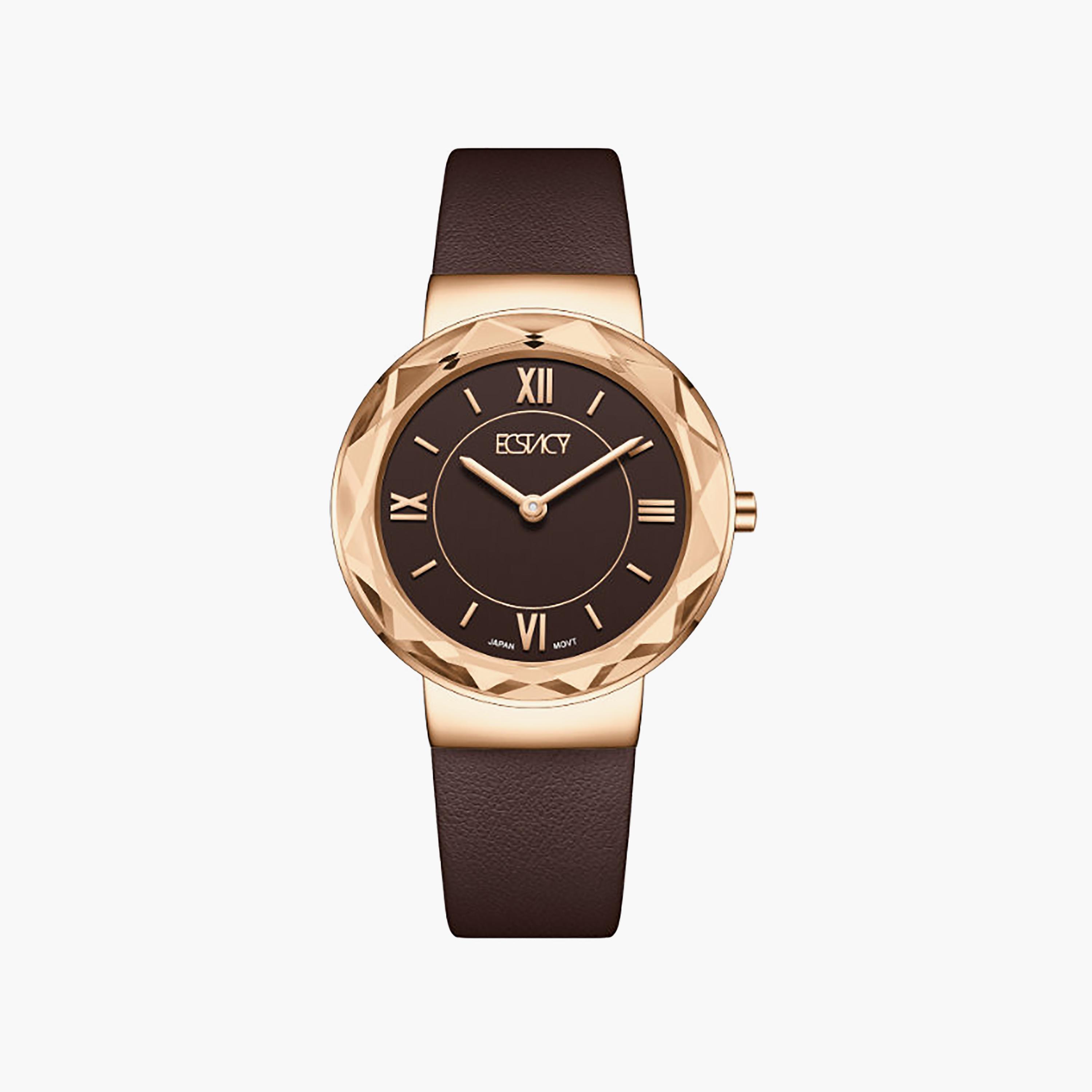Ecstacy Women's 34.5MM Brown Analog Genuine Leather Watch | E25506-RLDD-women-watchesandjewellery-watches-image-1