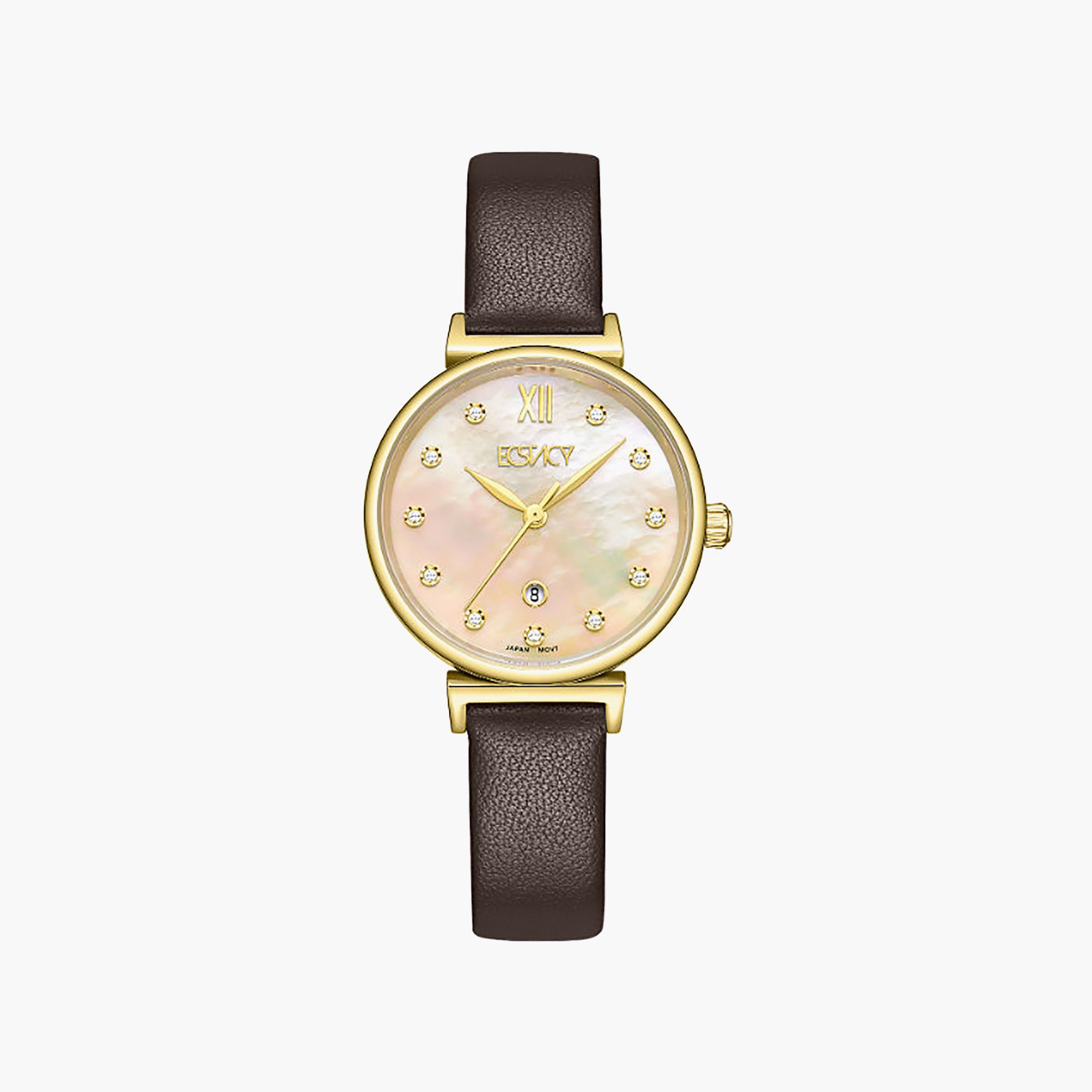 Ecstacy Women's 30MM Mother of Pearl Analog Genuine Leather Watch | E25507-GLDMC-women-watchesandjewellery-watches-image-1