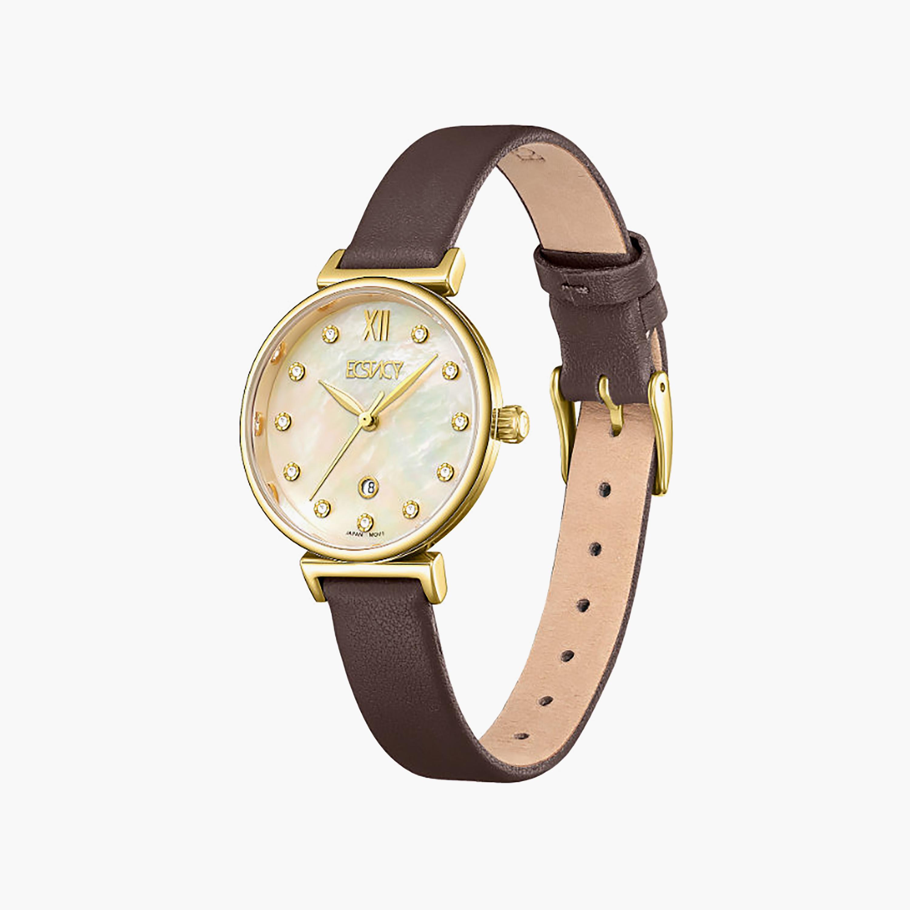 Ecstacy Women's 30MM Mother of Pearl Analog Genuine Leather Watch | E25507-GLDMC-women-watchesandjewellery-watches-image-2