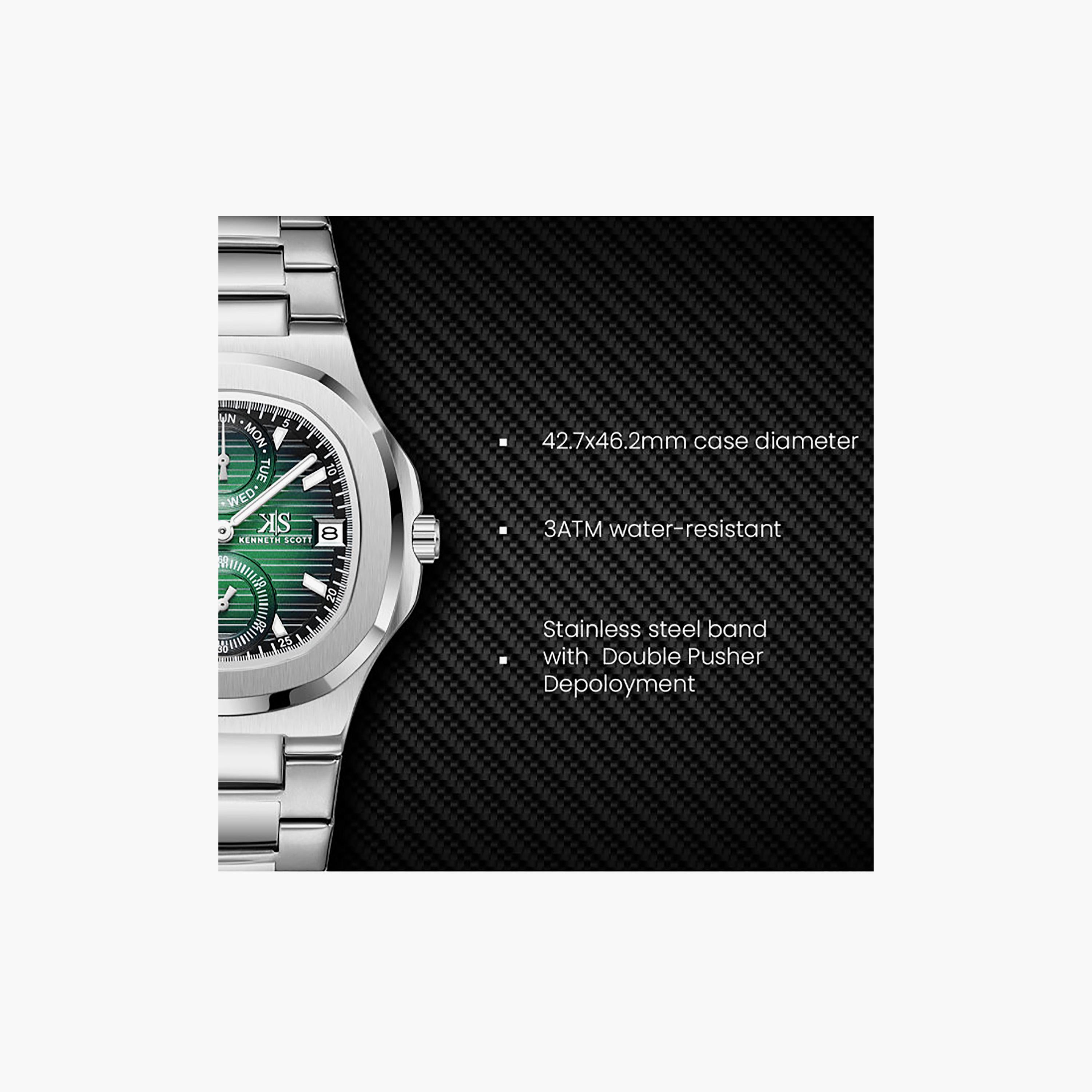 Kenneth Scott Men's 42.7MM Green Analog Stainless Steel Watch | K25002-SBSH-men-watchesandjewellery-watches-image-9