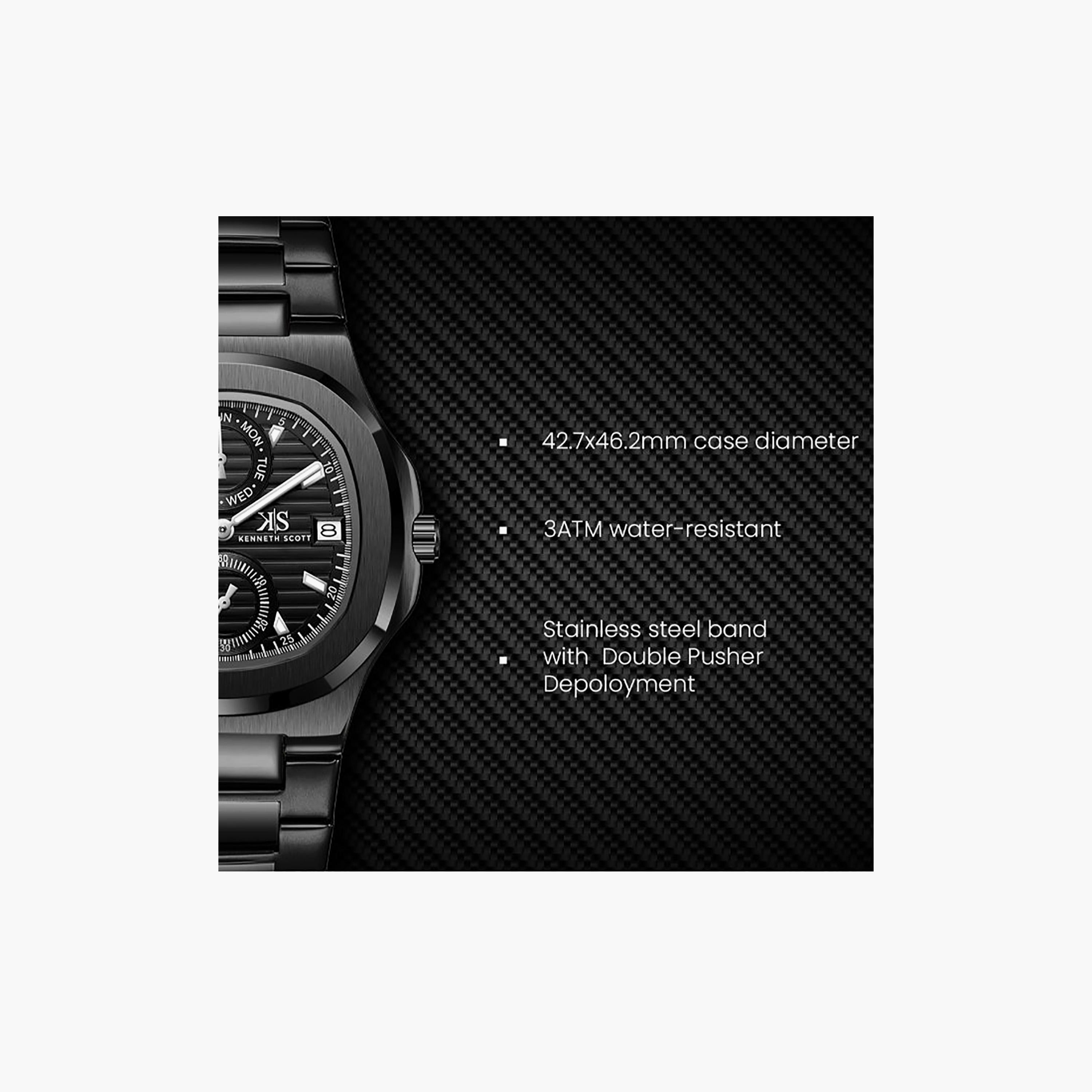 Kenneth Scott Men's 42.7MM Black Analog Stainless Steel Watch | K25002-BBBB-men-watchesandjewellery-watches-image-9