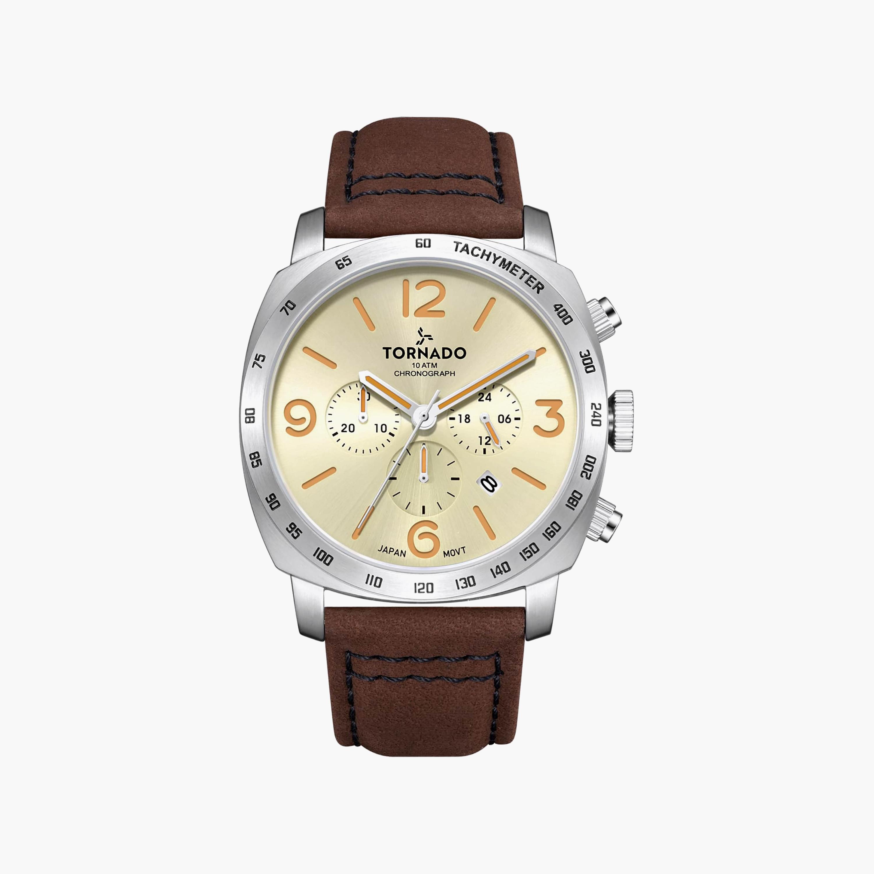 ساعة أنالوج جلد باللون البني 43 مم للرجال من تورنيدو | T9102-SLDI-men-watchesandjewellery-watches-image-1