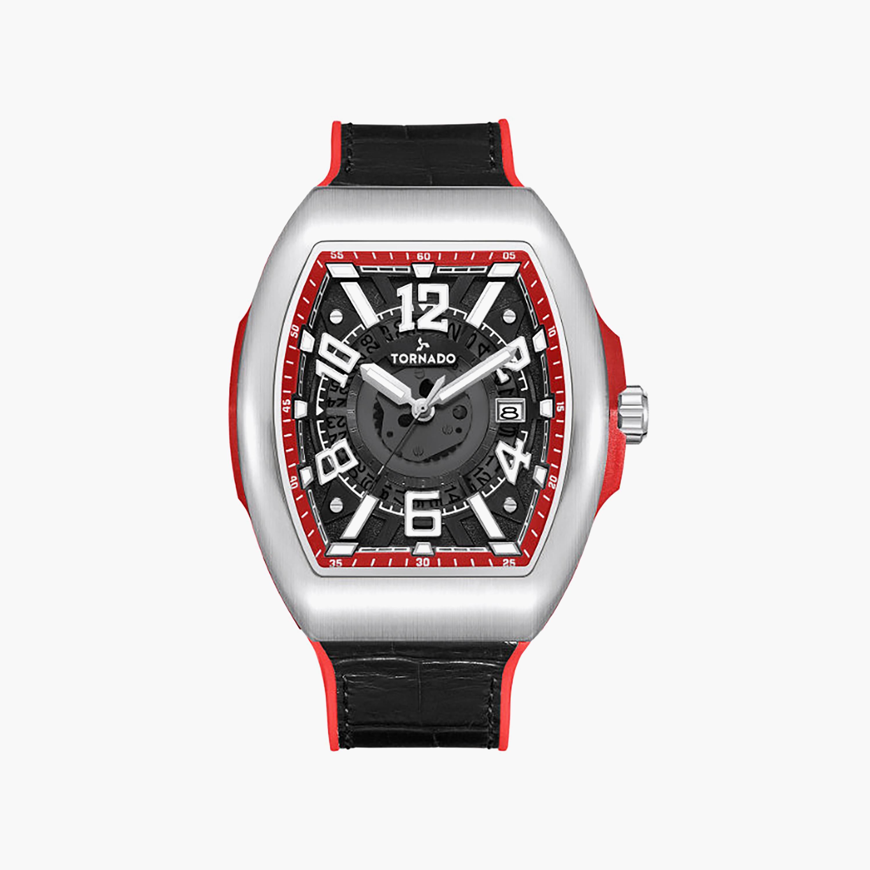 Tornado Men's 44MM Black Analog Leather Watch | T25001-SLBBR-men-watchesandjewellery-watches-image-1